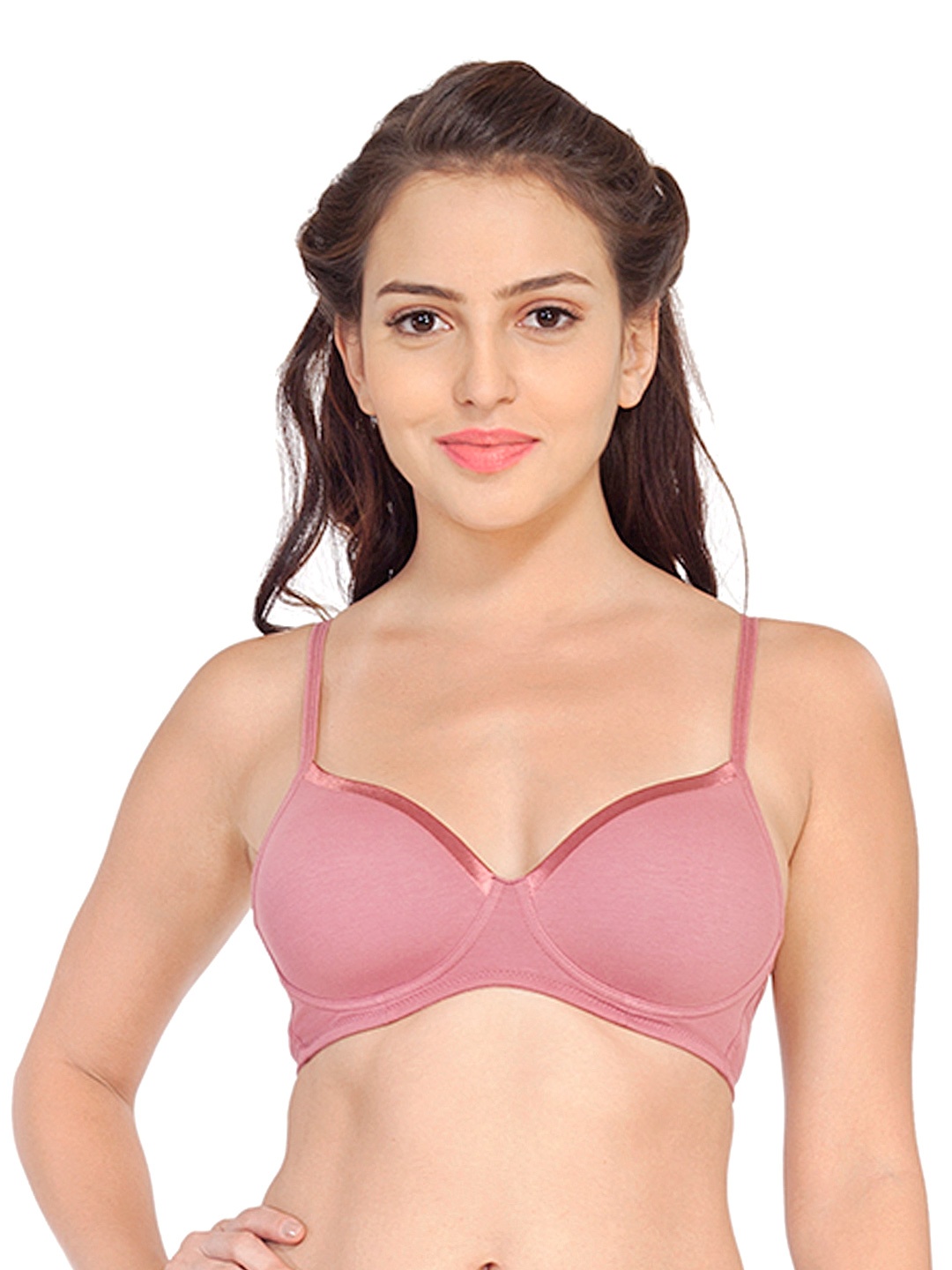 

SOIE Semi/Medium Coverage Padded Non-Wired Satin Panelled Cotton Spandex T-shirt Bra, Pink