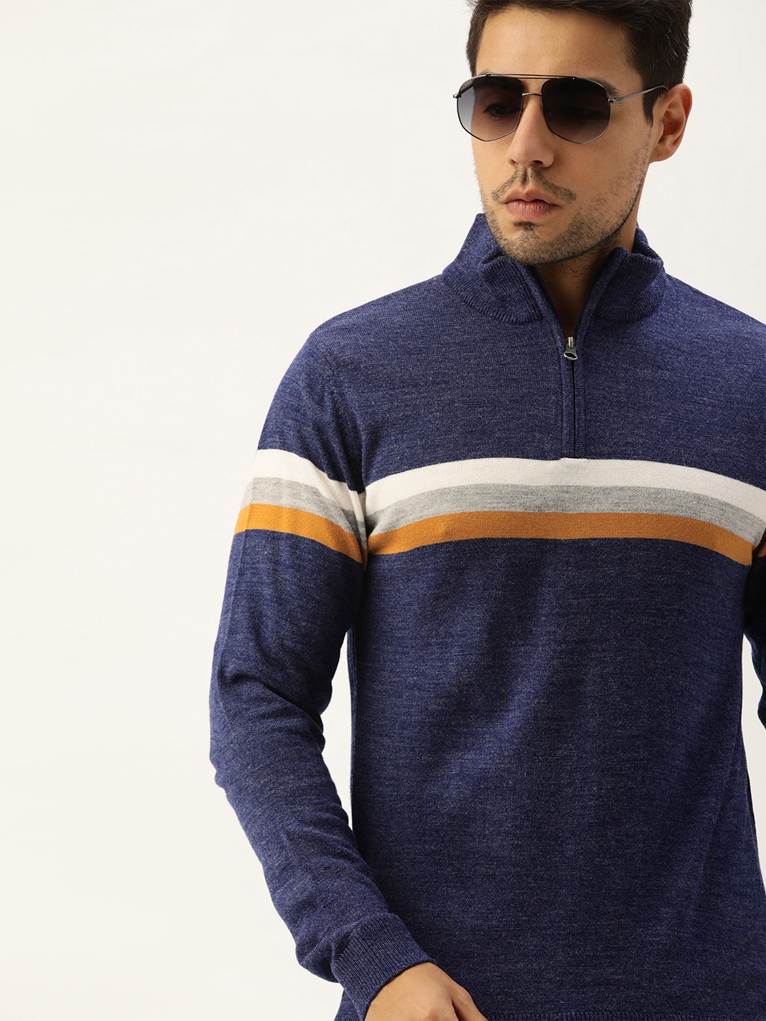 

Peter England Men Navy Blue Striped Pullover Sweater