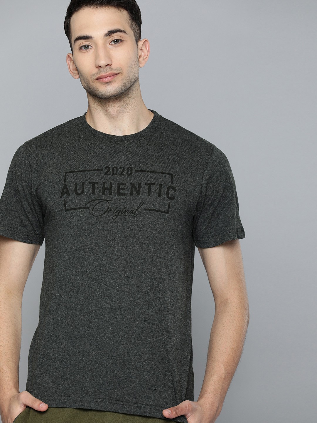 

HERE&NOW Men Charcoal Grey Printed Round Neck T-shirt