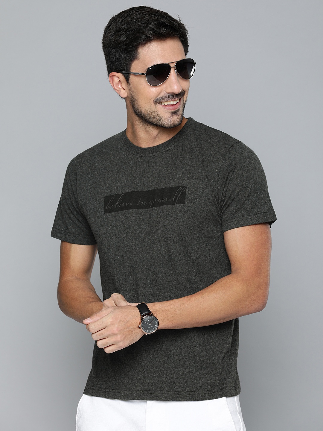 

HERE&NOW Men Charcoal Grey Printed Round Neck T-shirt