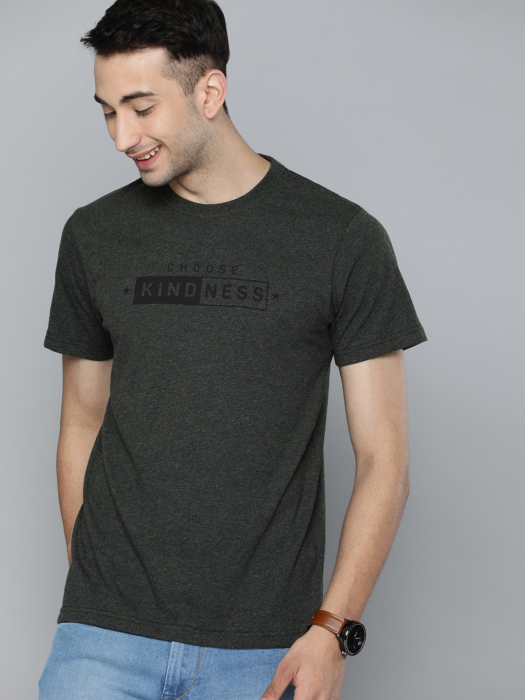 

HERE&NOW Men Charcoal Grey Printed Round Neck T-shirt