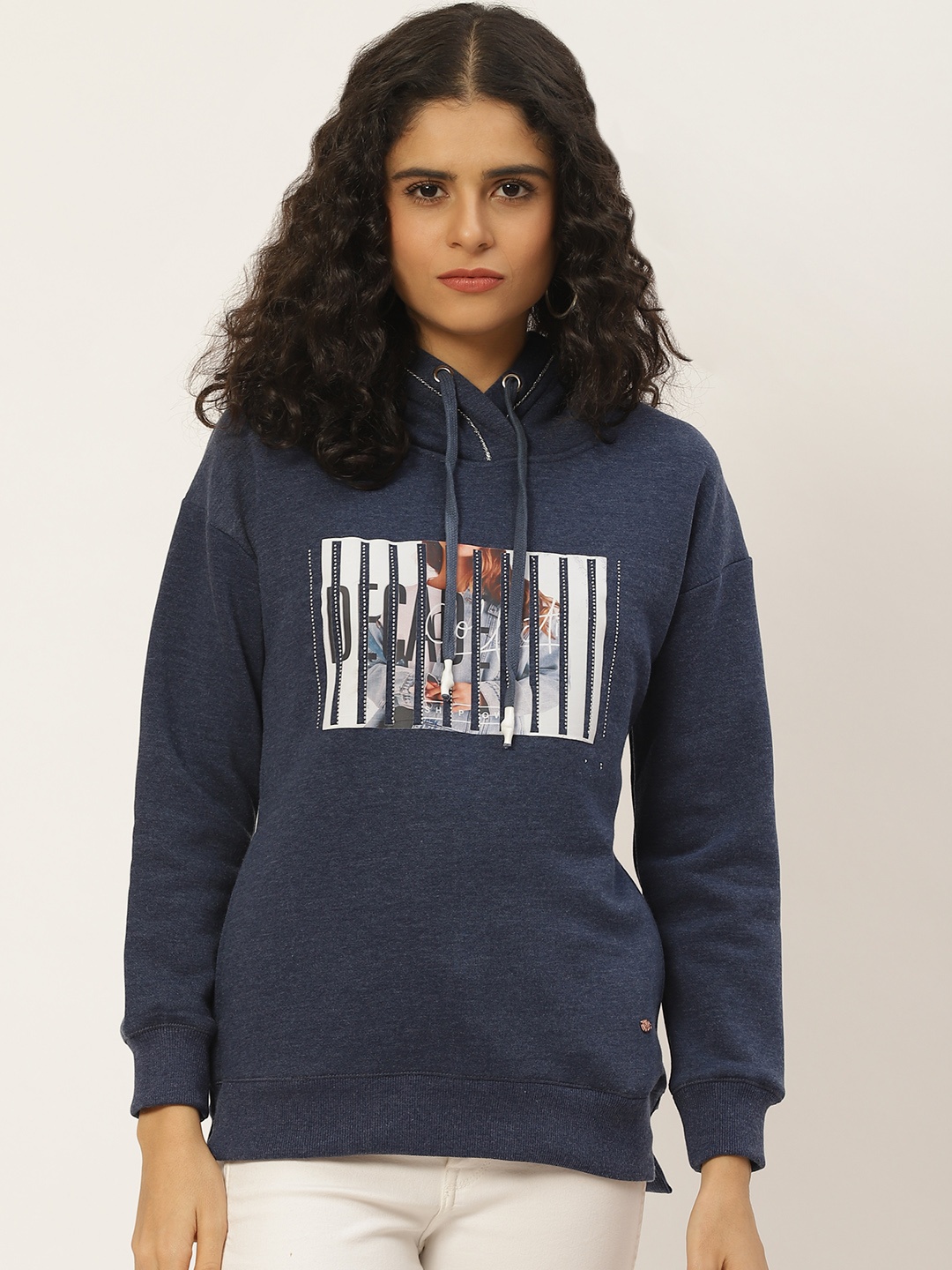 

Duke Women Navy Blue Printed Embellished Hooded Sweatshirt