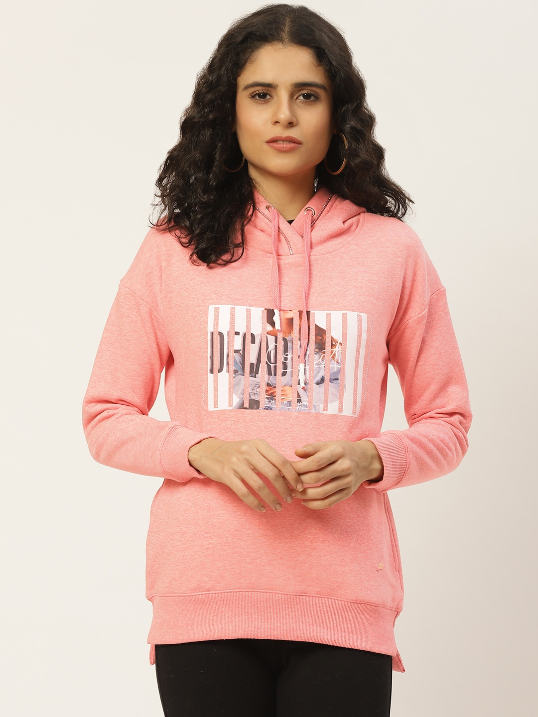 

Duke Women Peach-Coloured Printed Embellished Hooded Sweatshirt