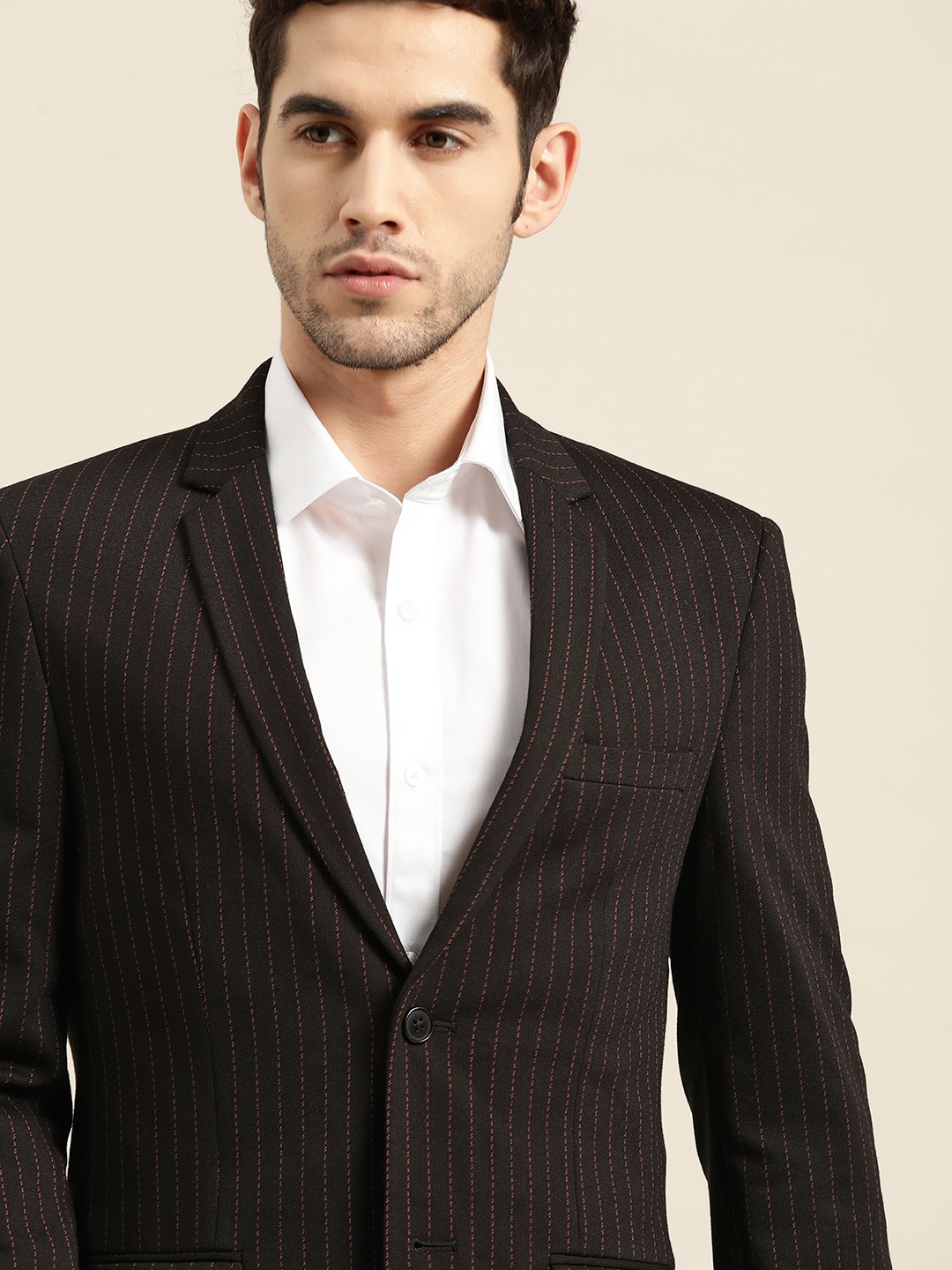 

INVICTUS Black & Orange Self-Striped Single-Breasted Slim Fit Smart Casual Blazer