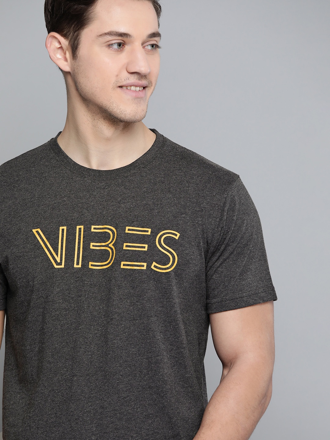 

HERE&NOW Men Charcoal Grey Printed Round Neck T-shirt