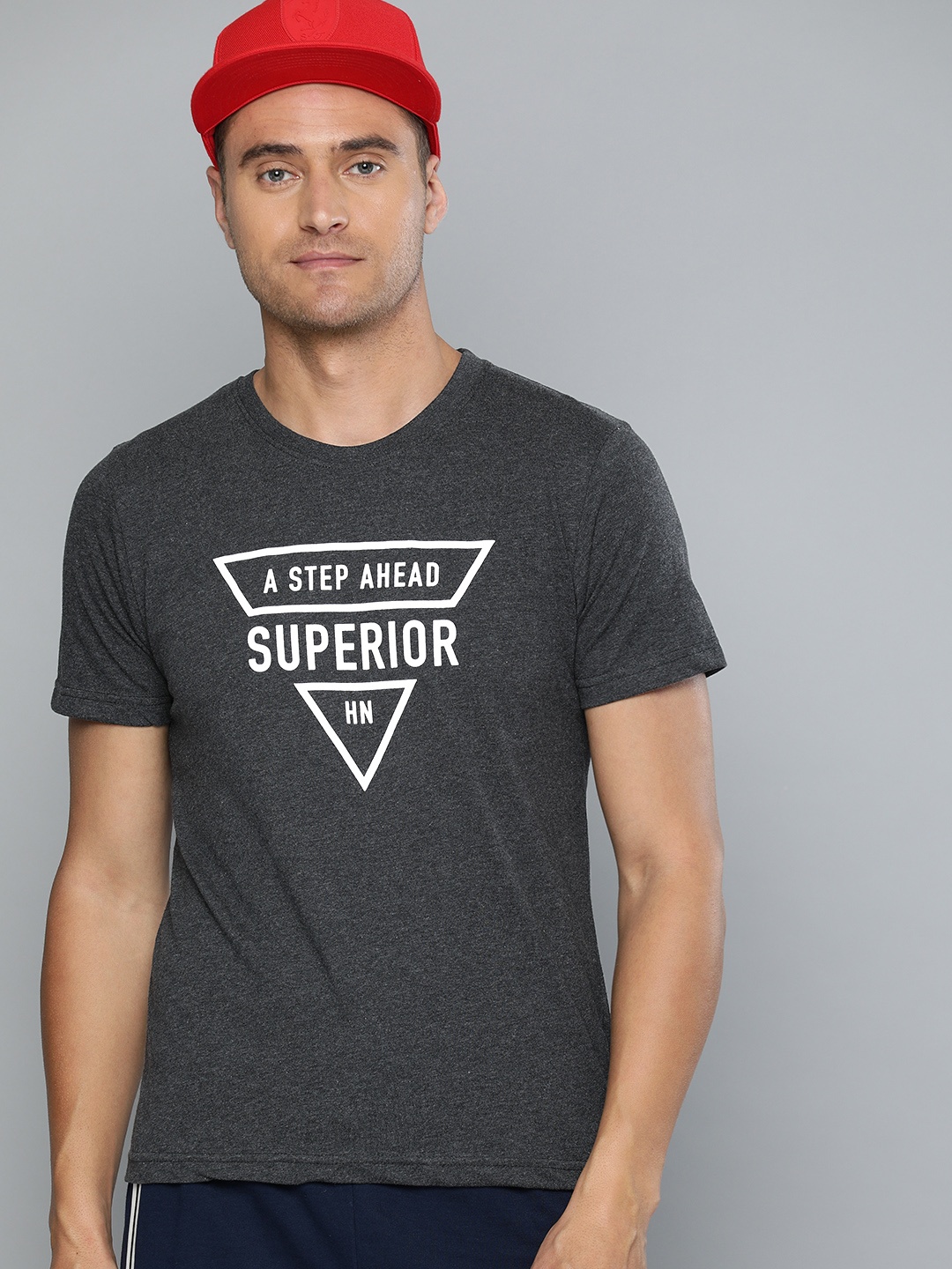 

HERE&NOW Men Grey Melange Printed Round Neck T-shirt
