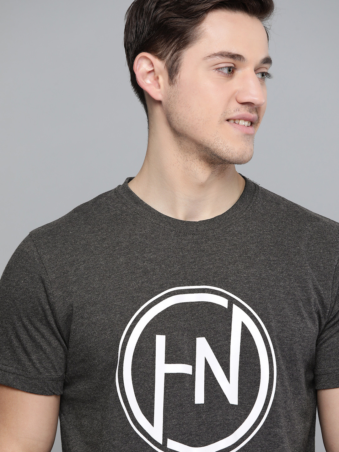 

HERE&NOW Men Charcoal Grey Printed Round Neck T-shirt