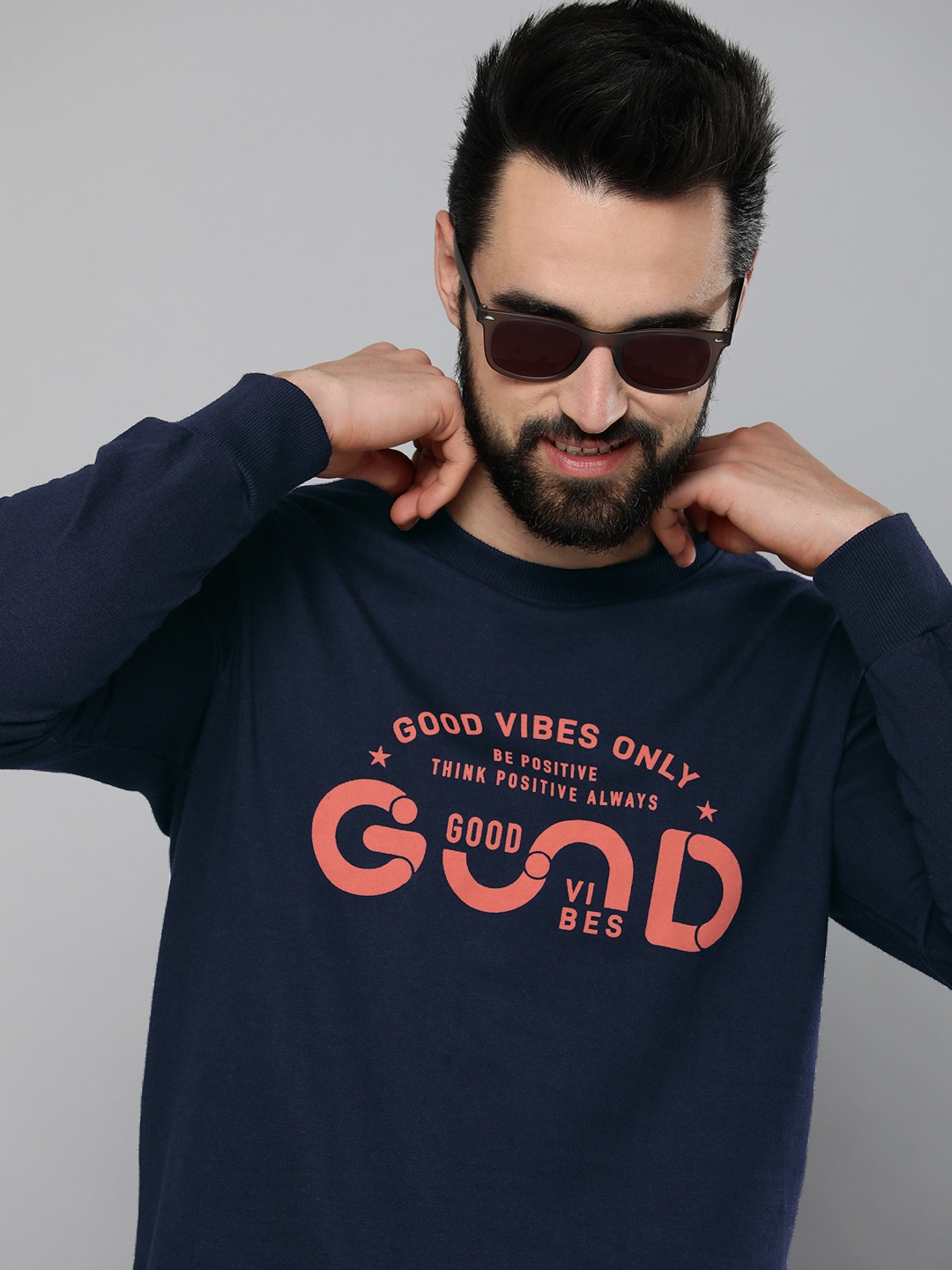 

HERE&NOW Men Pure Cotton Navy Blue Typography Round Neck Sweatshirt