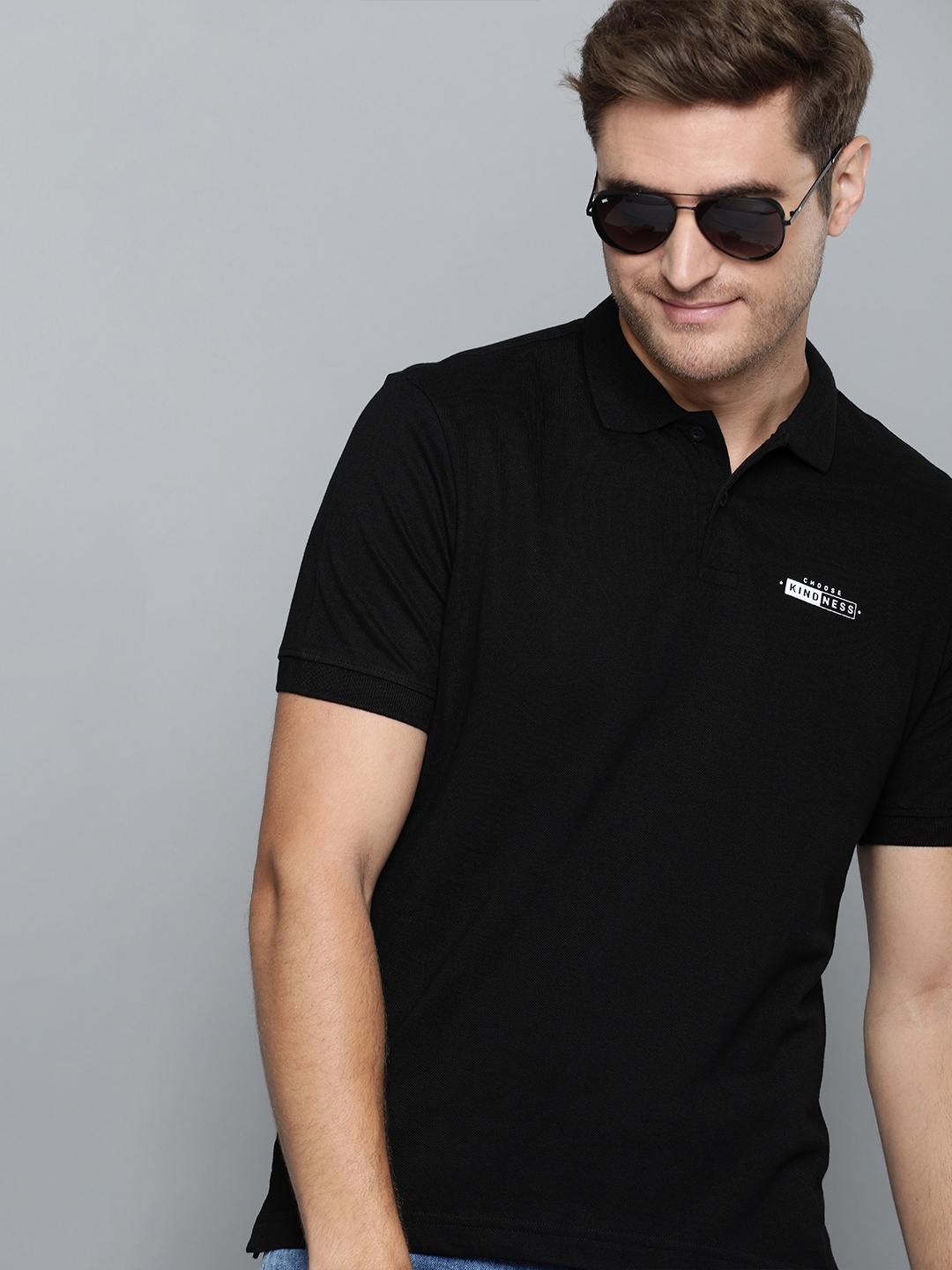 

HERENOW Men Black Solid Cotton Polo Collar Pure Cotton T-shirt