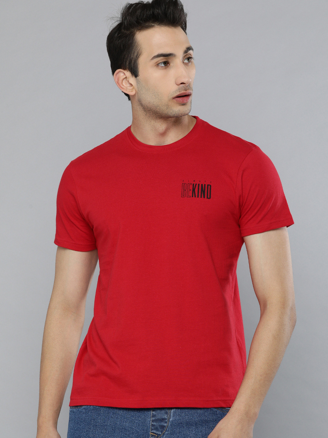 

HERE&NOW Men Red Cotton Solid Round Neck T-shirt