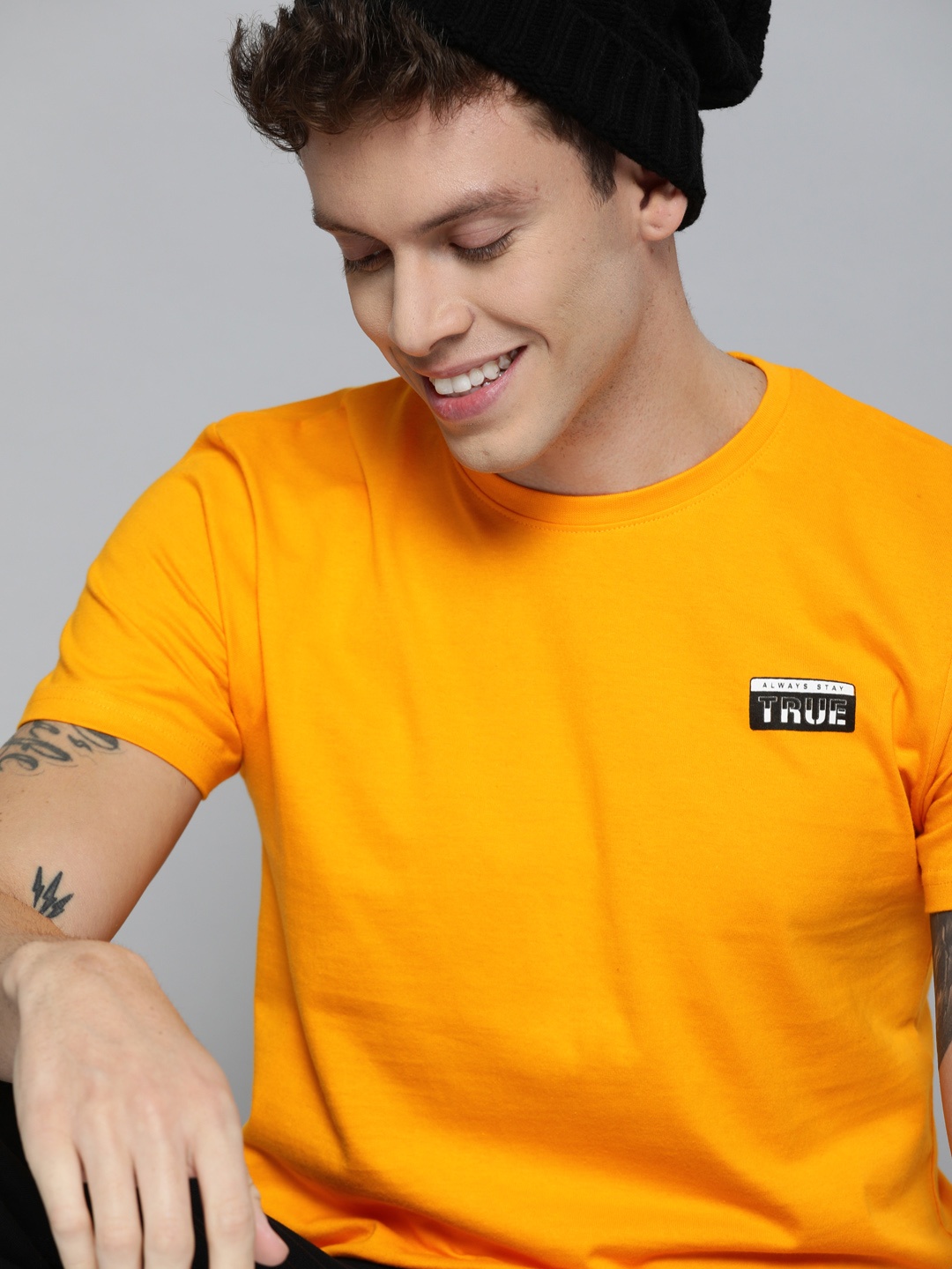 

HERENOW Men Mustard Yellow Cotton Pure Cotton T-shirt with Printed Detailing