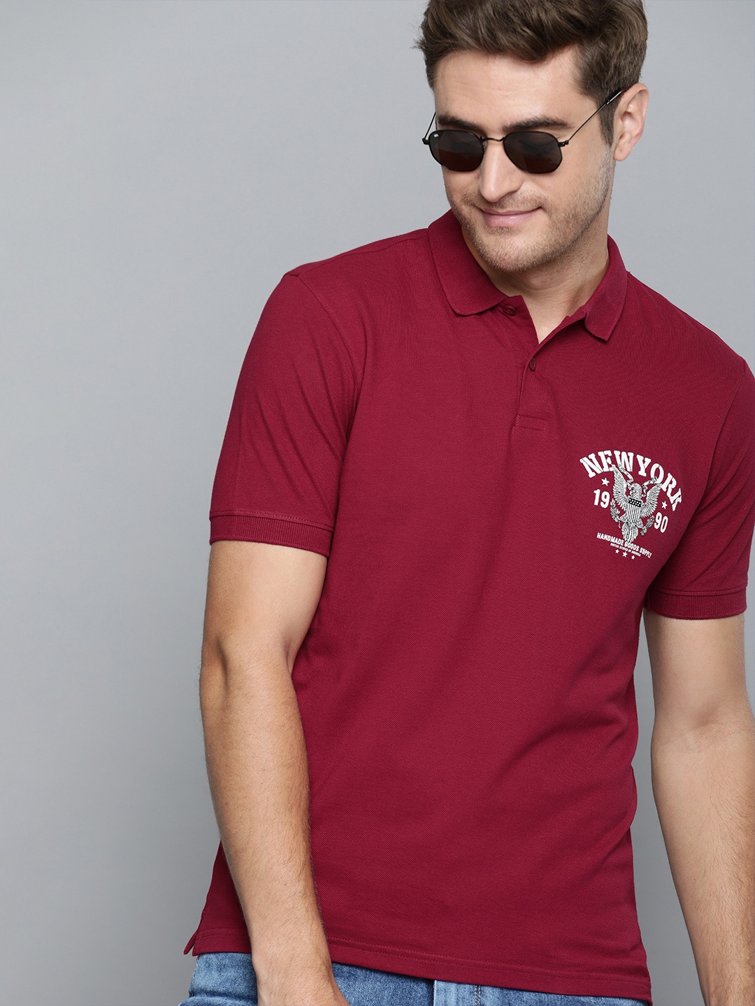 

HERENOW Men Maroon Solid Polo Collar Pure Cotton T-shirt with Printed Pure Cotton T-shirt