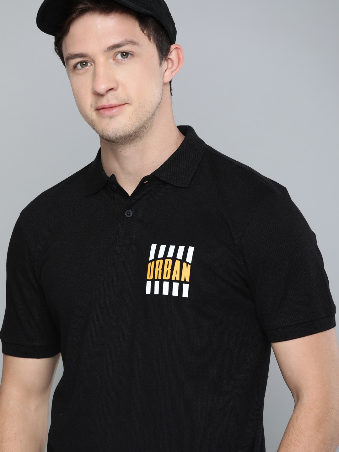 

HERENOW Men Black Printed Polo Collar Pure Cotton T-shirt