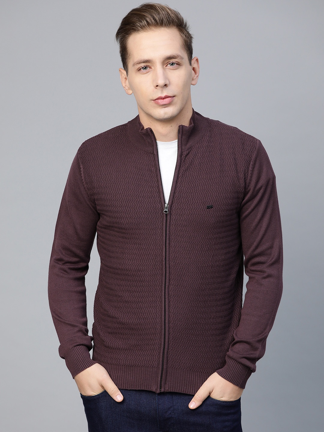 

Blackberrys Men Burgundy Self Design Cardigan