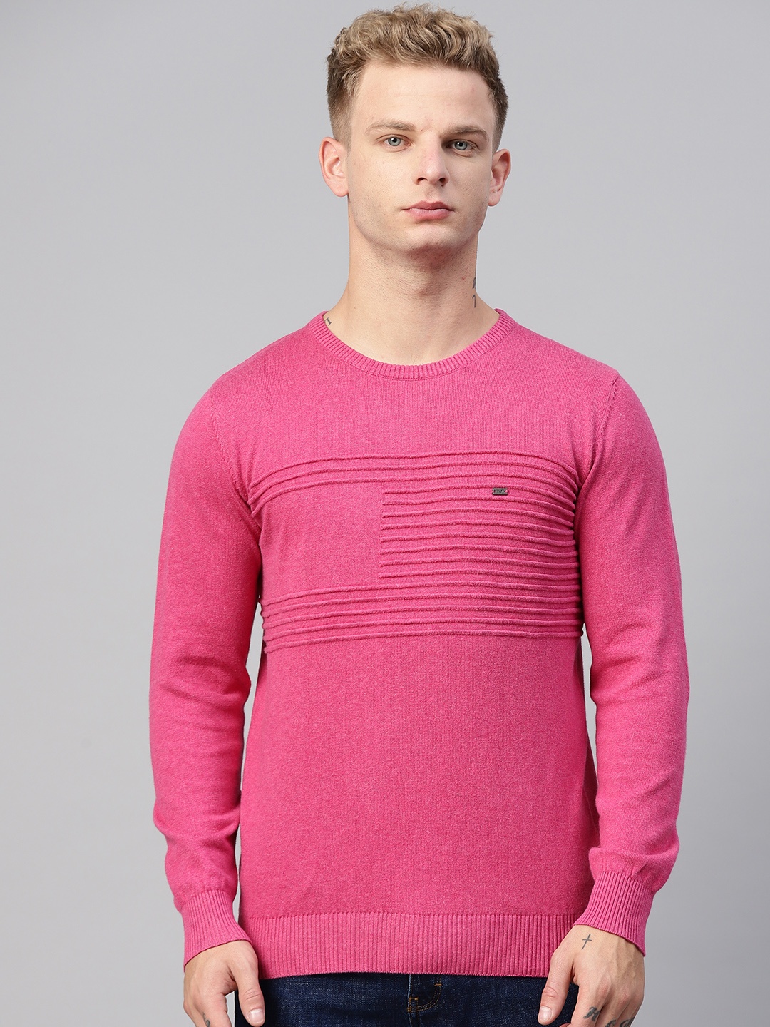 

Blackberrys Men Pink Self-Striped Pullover Sweater