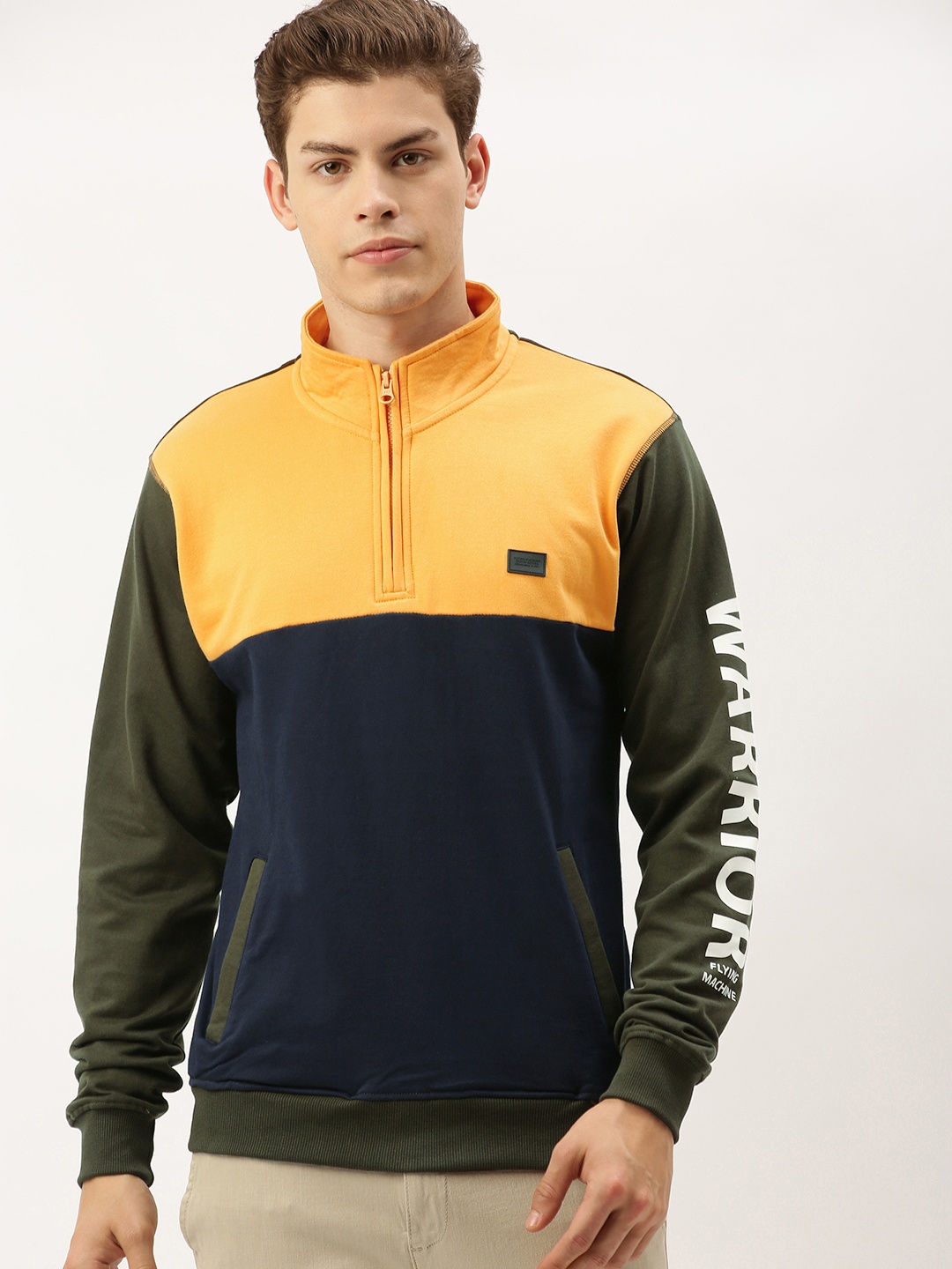 

Flying Machine Men Olive Green & Navy Blue Colourblocked Sweatshirt with Print Detail