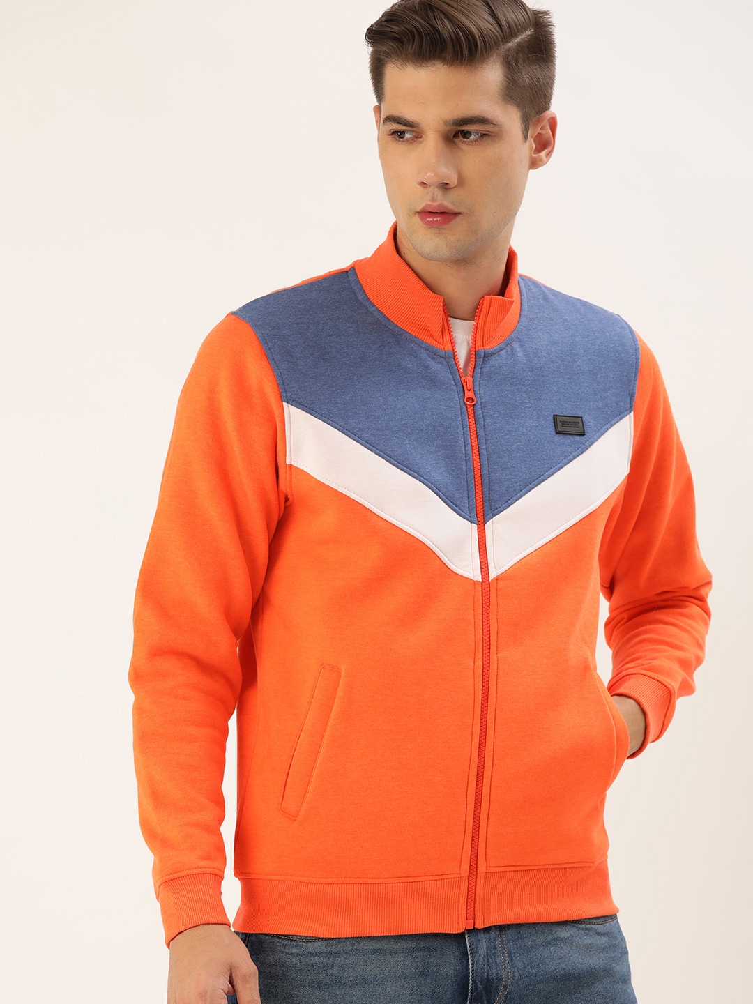 

Flying Machine Men Orange & Blue Colourblocked Sweatshirt