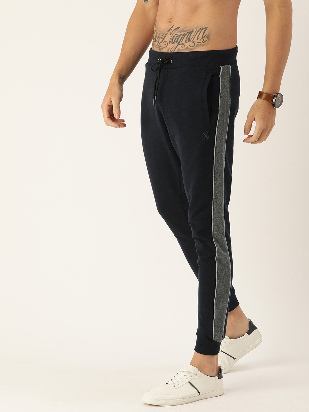 

Flying Machine Men Navy Blue Straight Fit Solid Joggers with Side Stripes