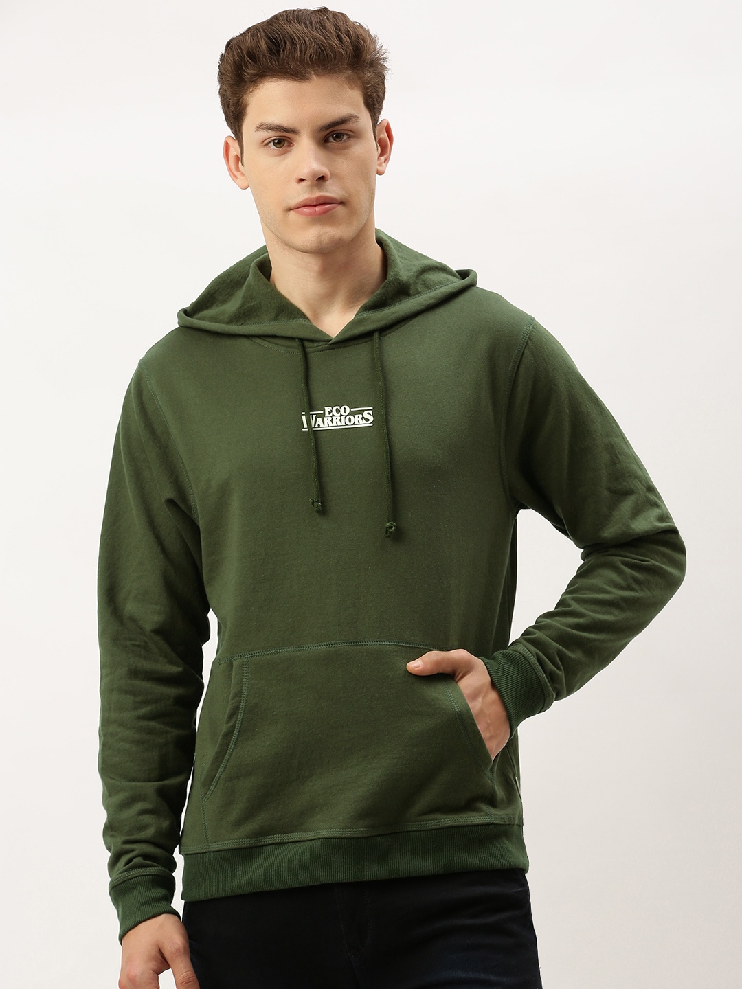 

Flying Machine Men Olive Green Solid Hooded Sweatshirt with Print Detail