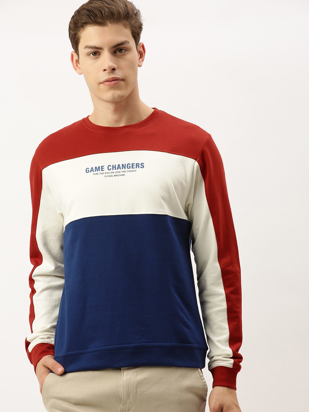 

Flying Machine Men Navy Blue & White Colourblocked Sweatshirt