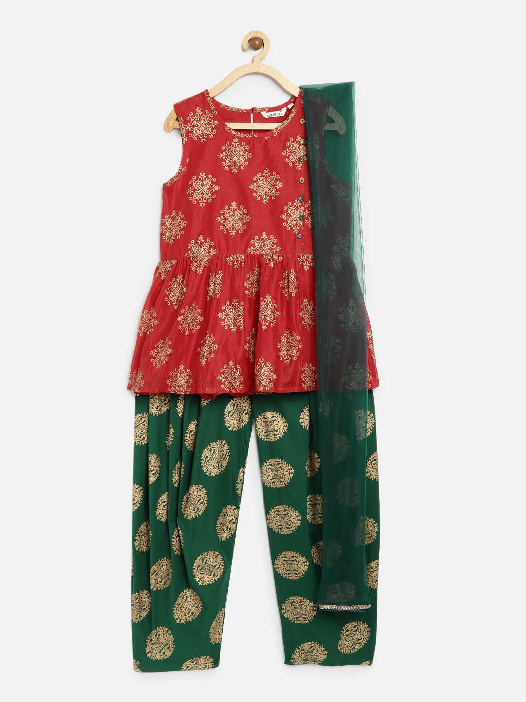

Karigari Girls Red & Green Printed Kurti with Patiala & Dupatta