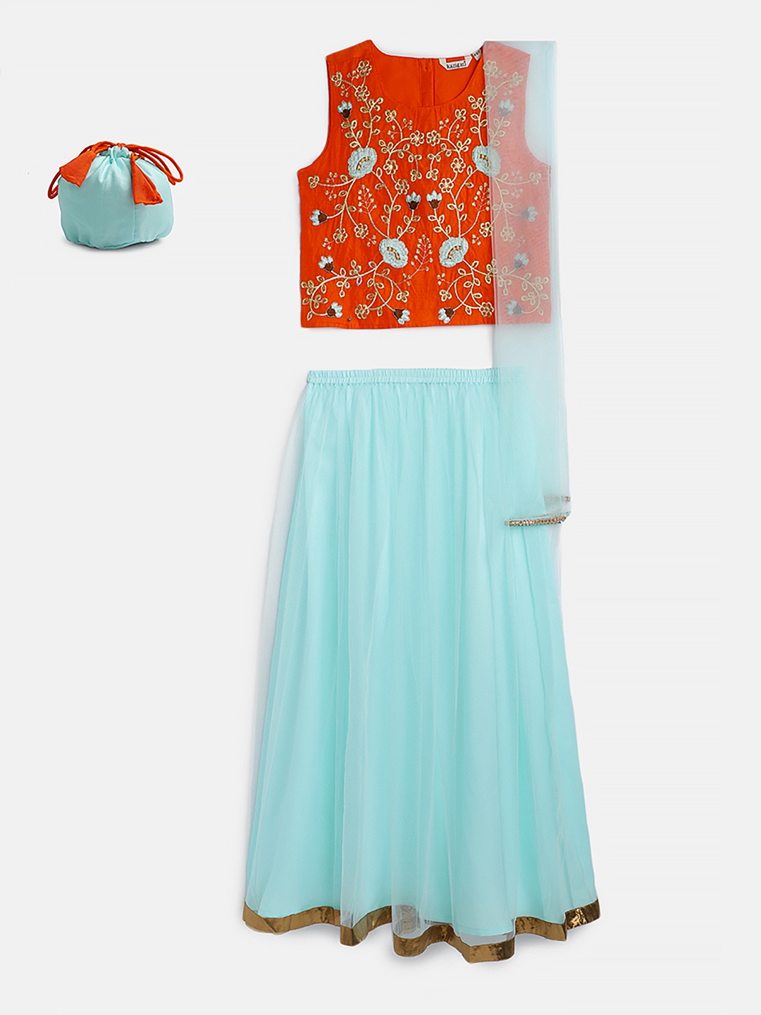 

Karigari Girls Orange & Blue Embroidered Ready to Wear Lehenga & Blouse with Dupatta