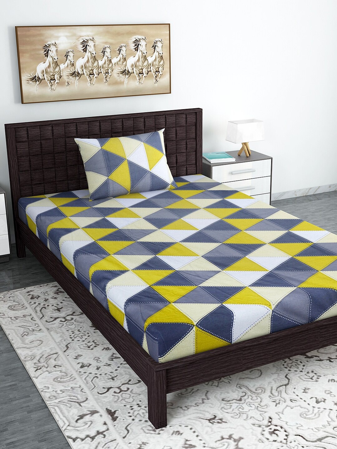 

Divine Casa Yellow & Grey Geometric 120 TC Single Bedsheet with 1 Pillow Cover