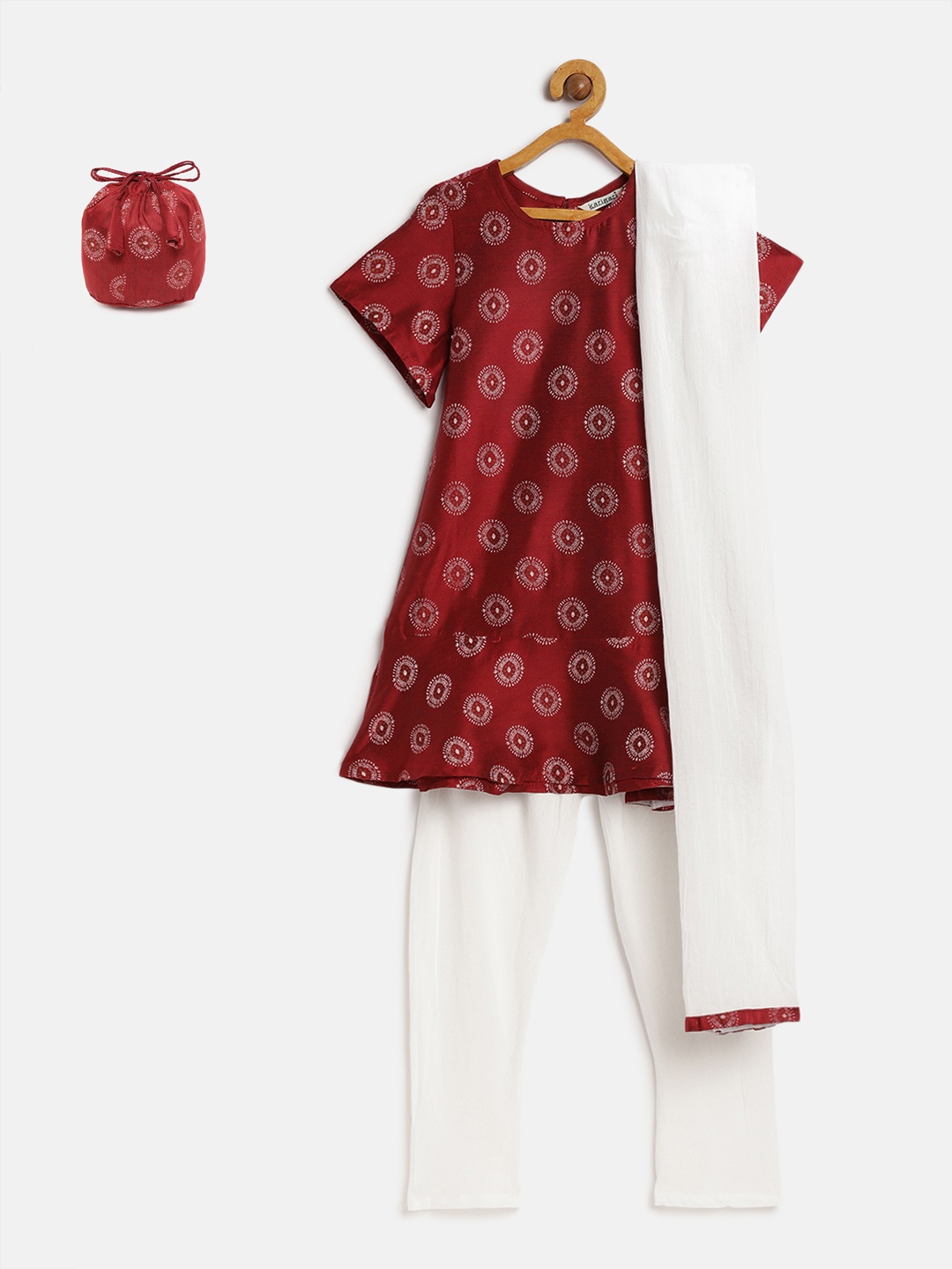 

Karigari Girls Maroon & White Woven Design Kurta with Trousers & Dupatta
