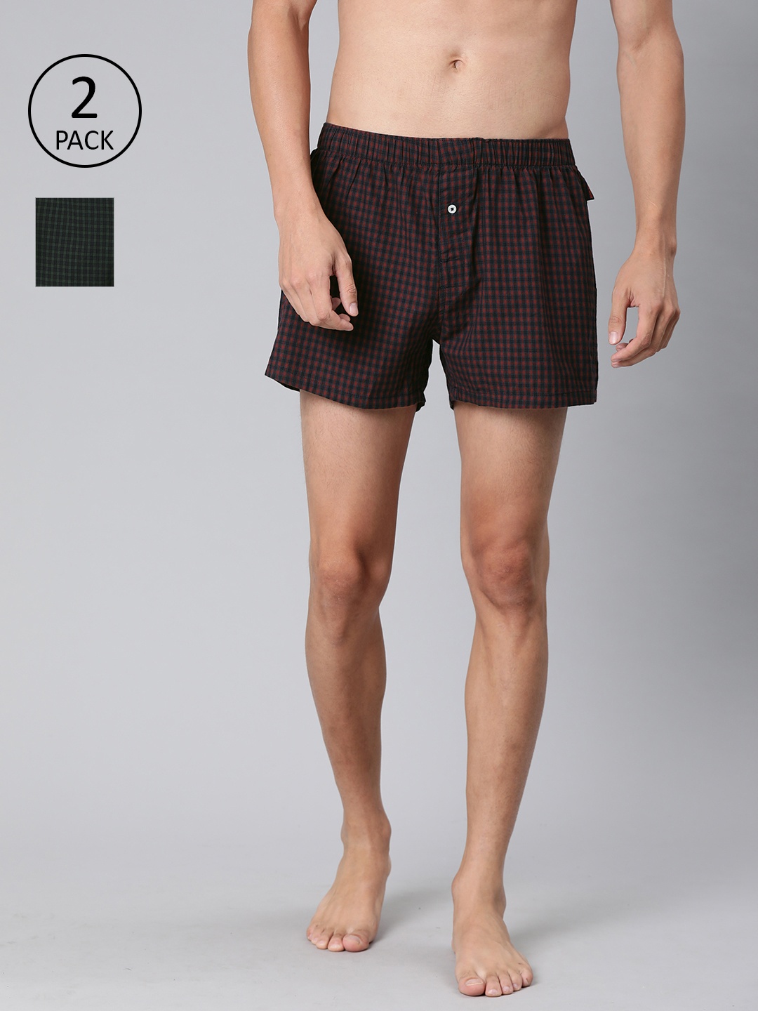 

THE BEAR HOUSE Men Pack Of 2 Checked Woven Pure Cotton Boxers TBH-SODA, Olive