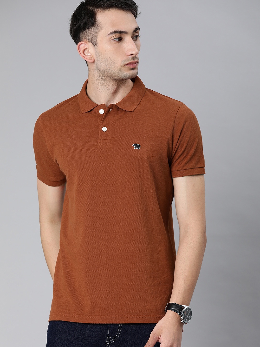 

THE BEAR HOUSE Men Rust Brown Solid Polo Collar Pure Cotton T-shirt