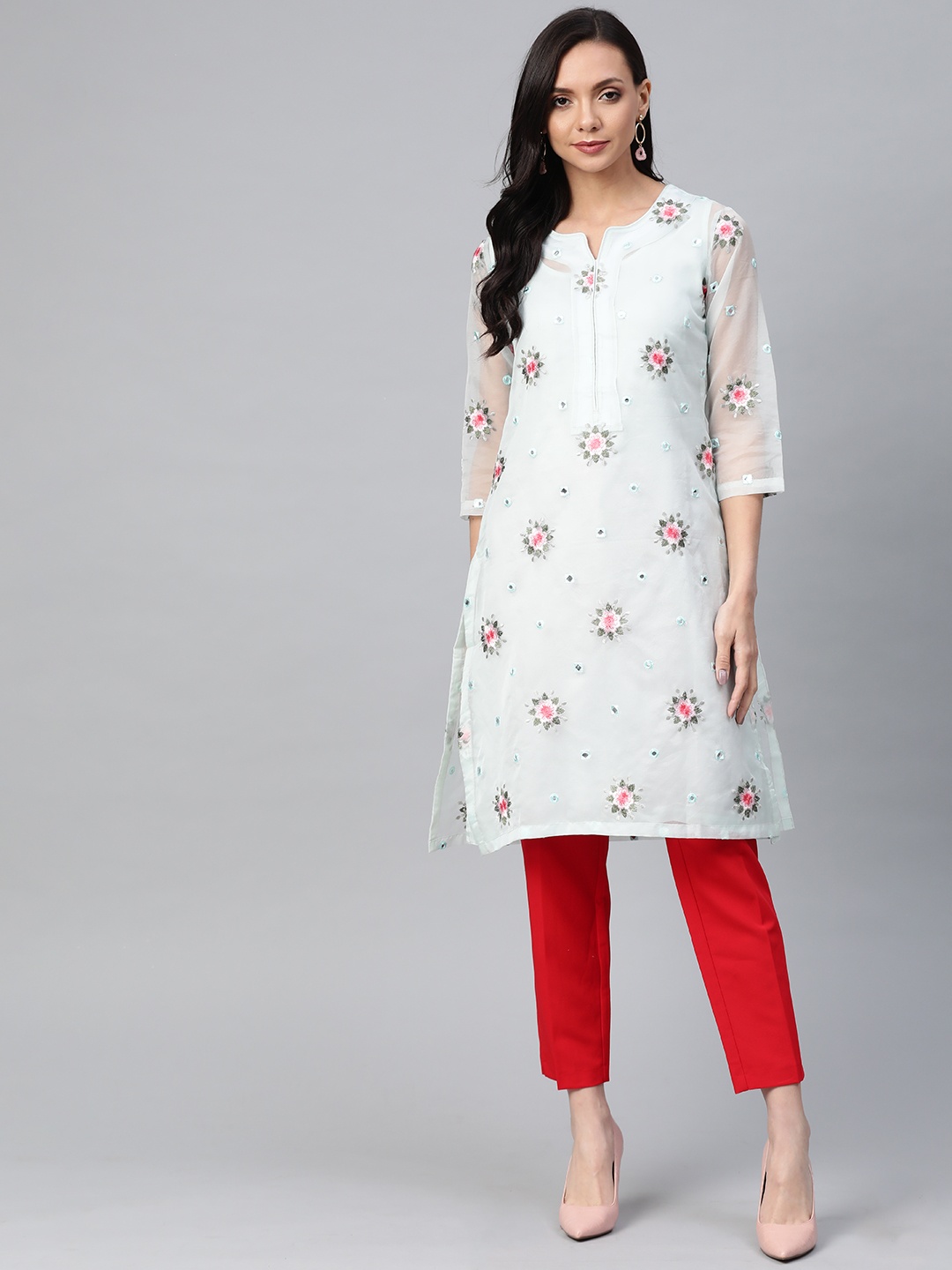 

Biba Women Green & Pink Embroidered Straight Kurta