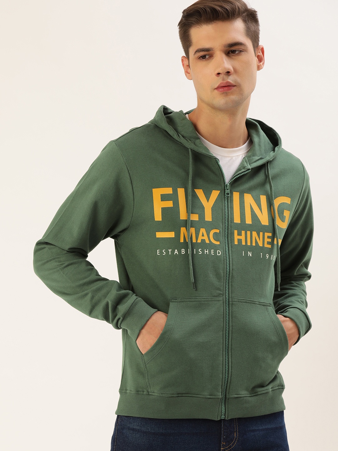 

Flying Machine Men Green Brand Logo Printed Hooded Sweatshirt