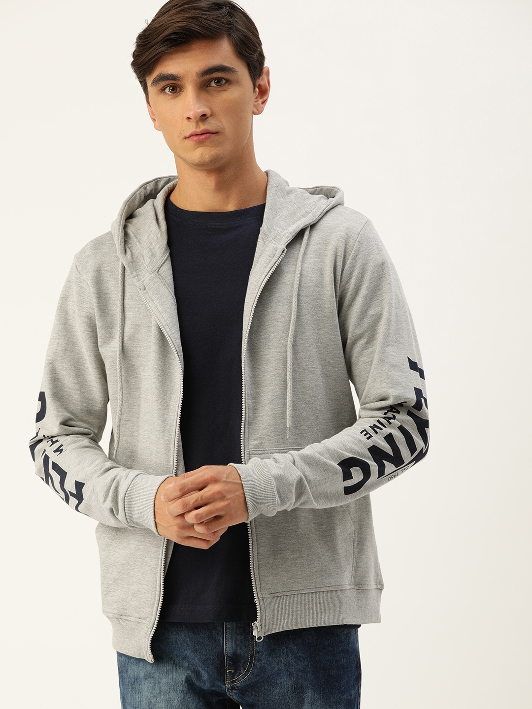 

Flying Machine Men Grey Solid Hooded Front-Open Sweatshirt With Printed Sleeves