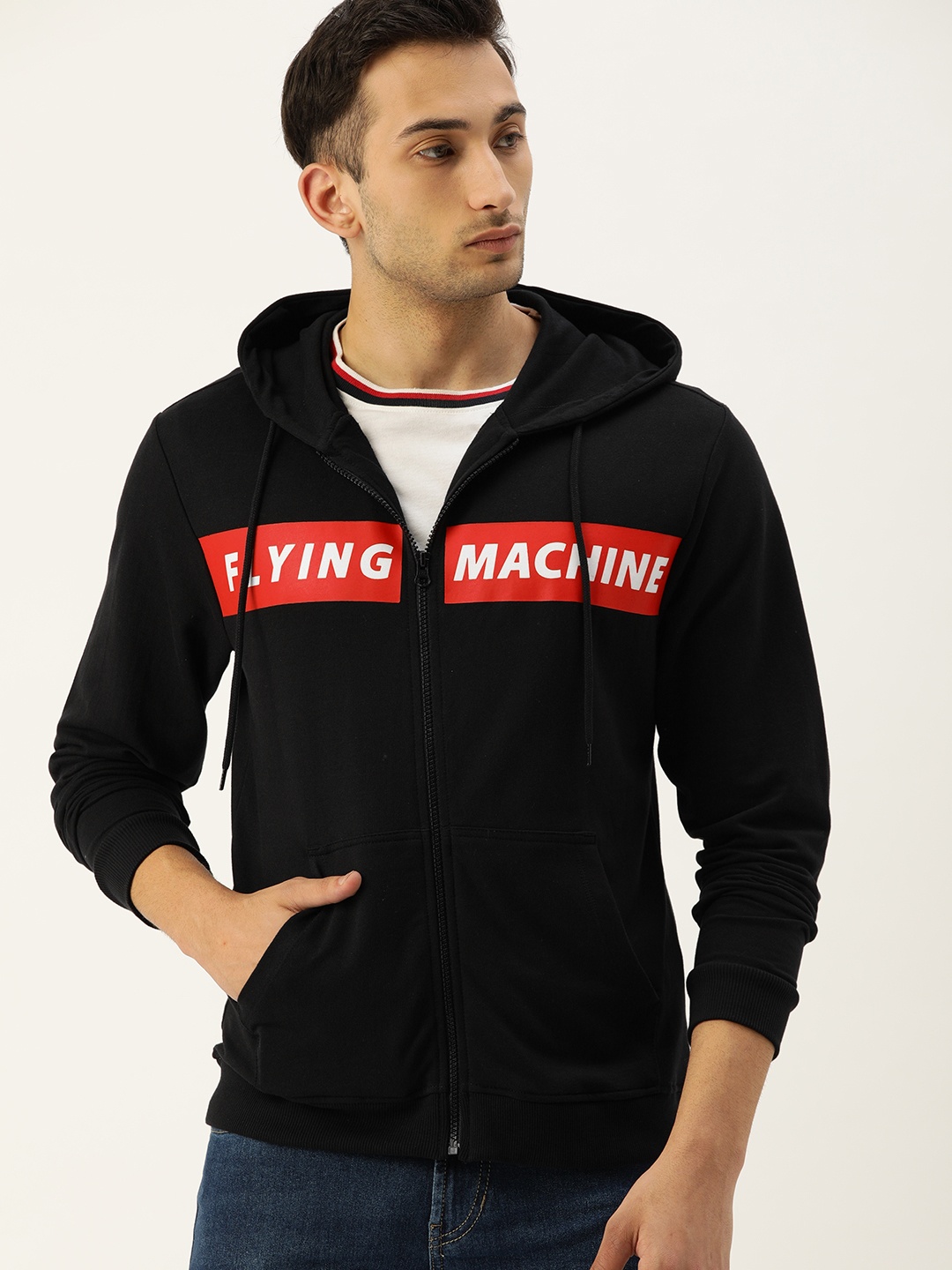 

Flying Machine Men Black Printed Hooded Front-Open Sweatshirt