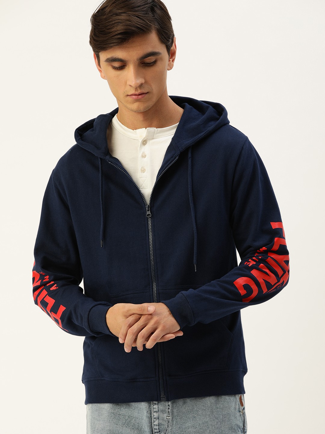 

Flying Machine Men Navy Blue Solid Hooded Front-Open Sweatshirt With Printed Sleeves