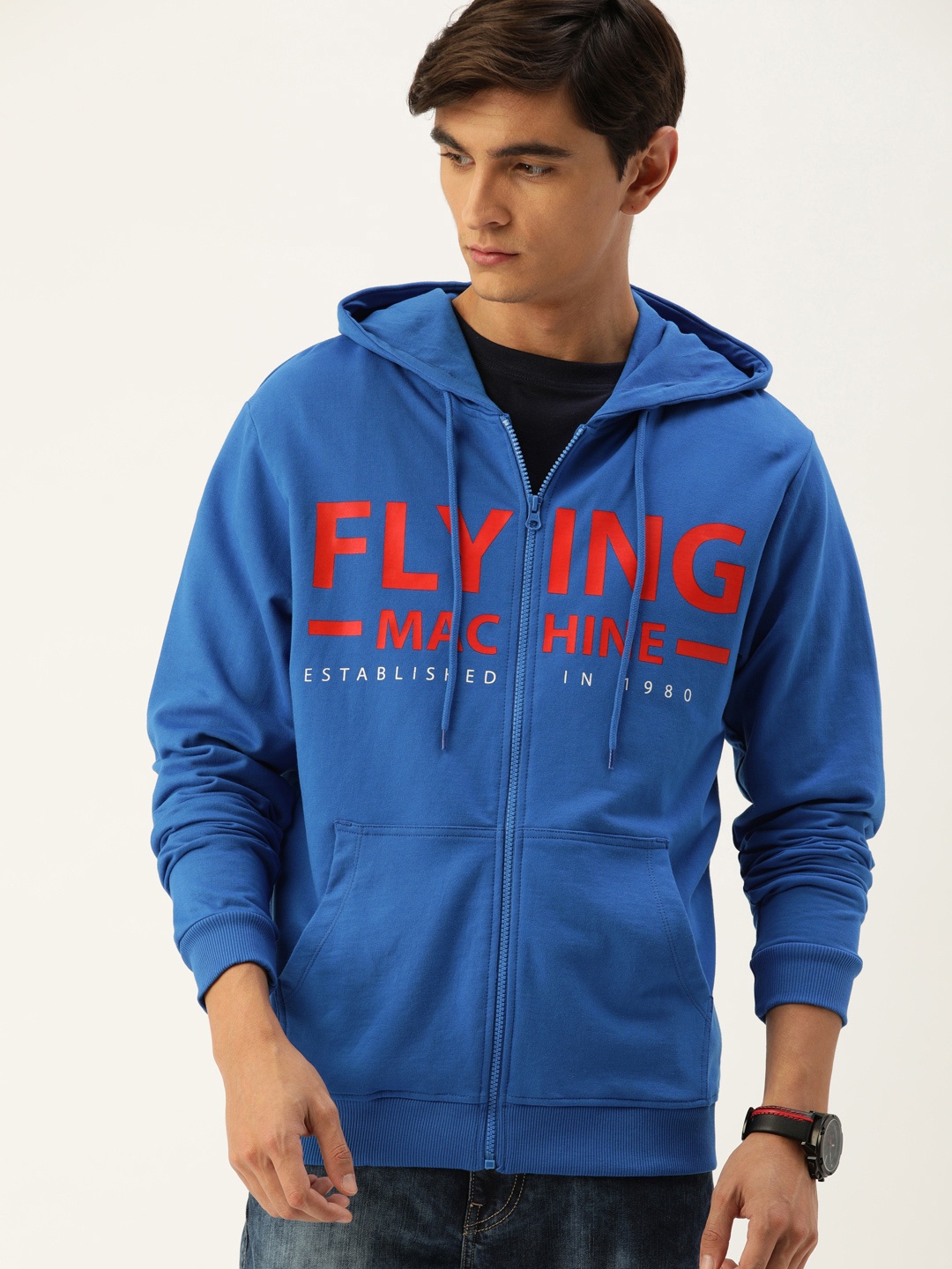 

Flying Machine Men Blue Printed Hooded Front-Open Sweatshirt