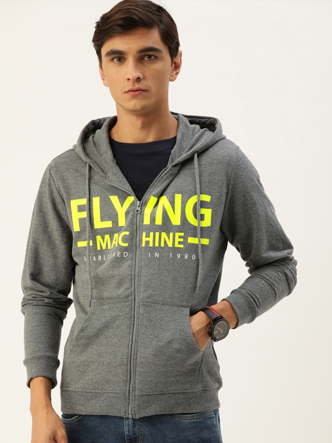 

Flying Machine Men Grey Printed Hooded Front-Open Sweatshirt