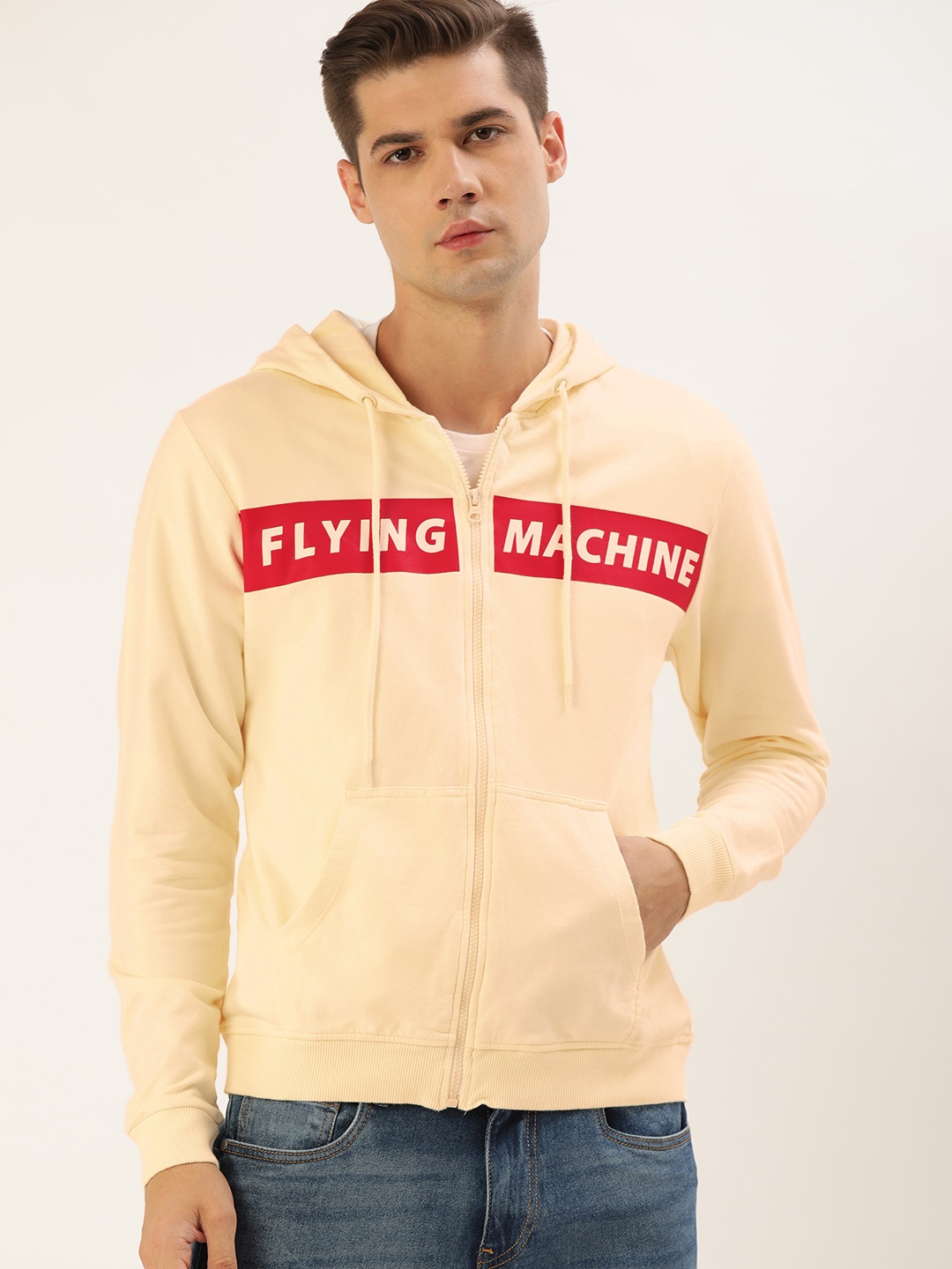 

Flying Machine Men Cream-Coloured & Red Printed Hooded Sweatshirt