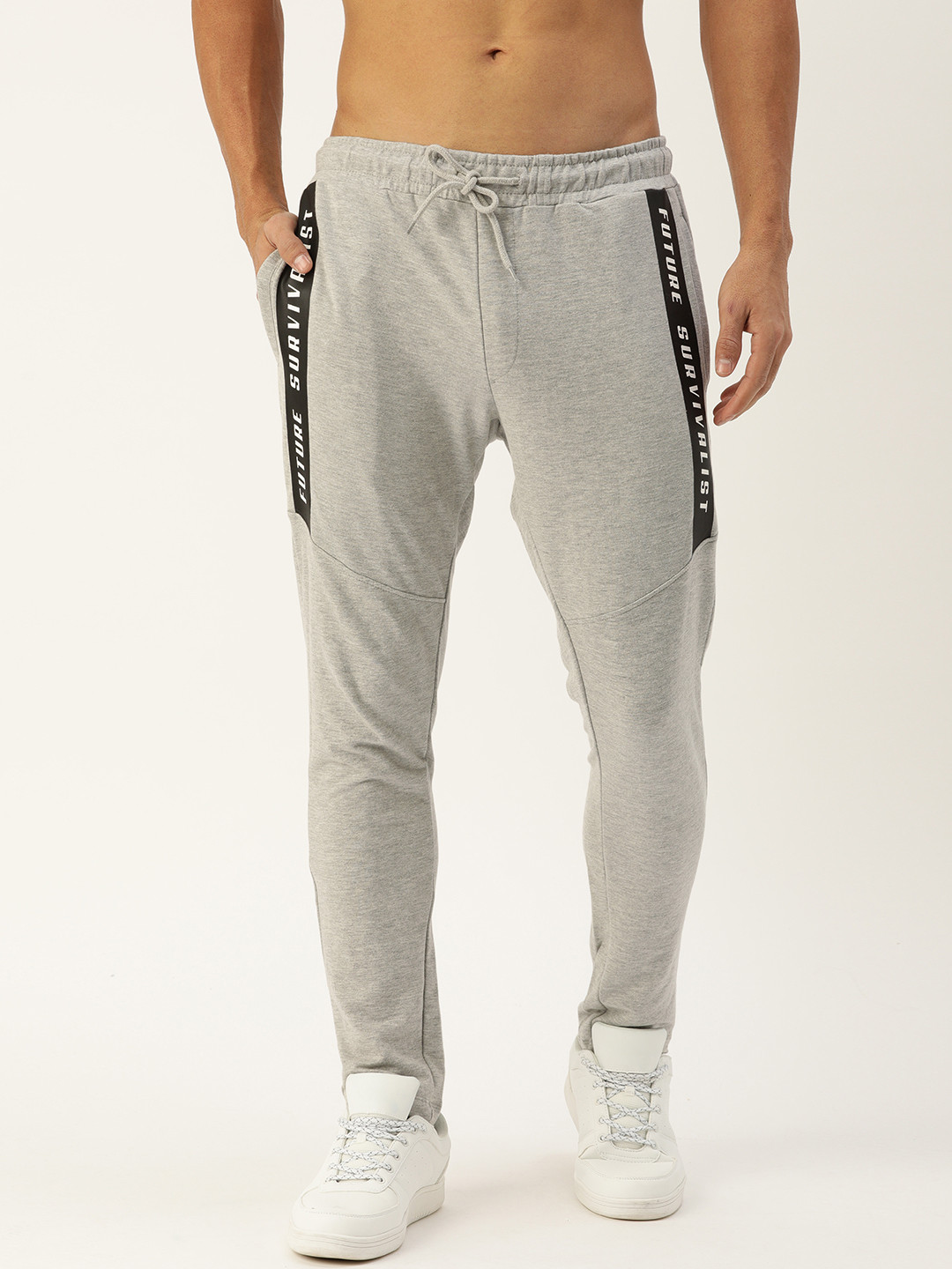 

Flying Machine Men Grey Melange Solid Track Pants with Printed Detail