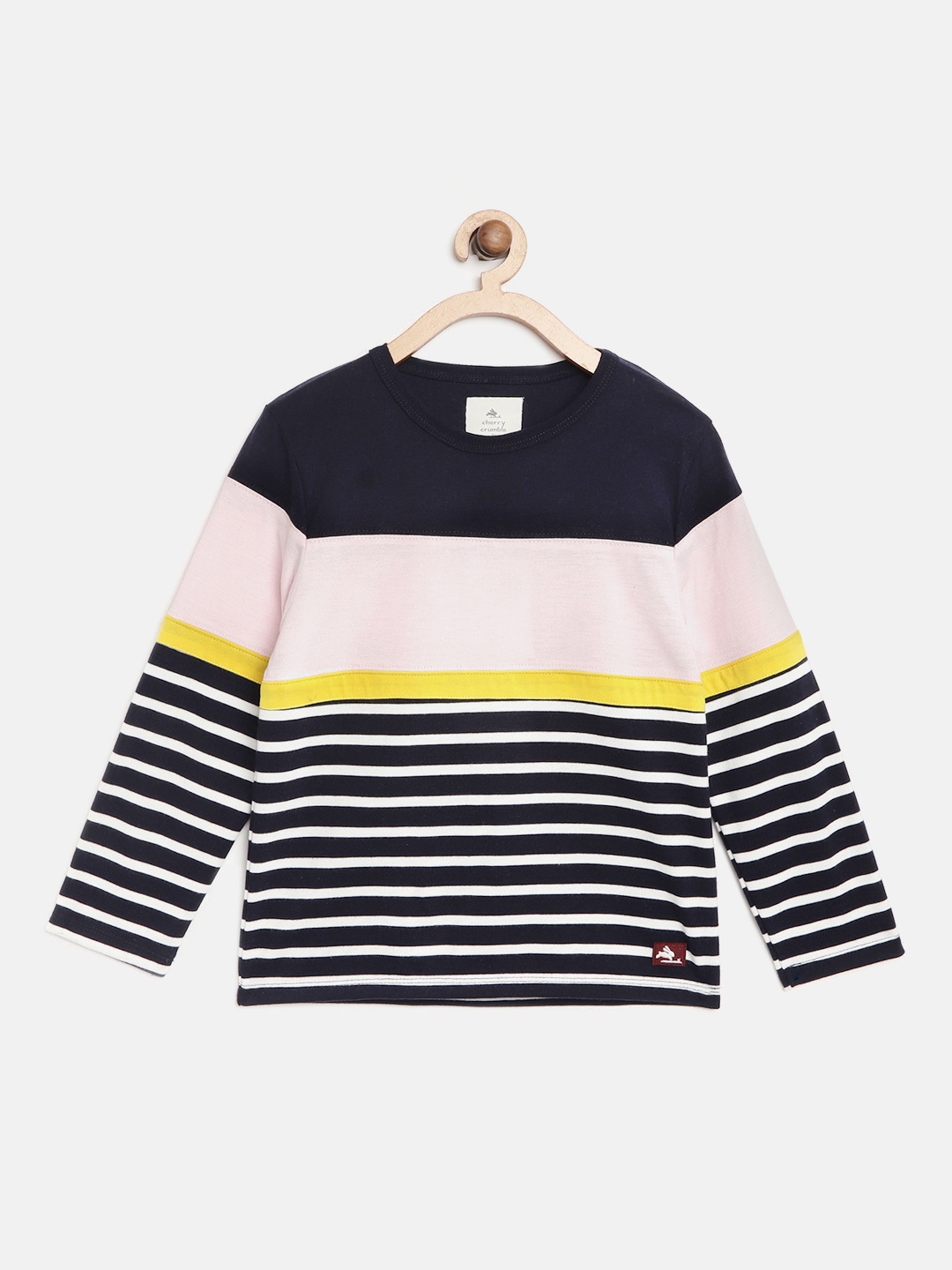 

Cherry Crumble Kids Navy Blue & White Striped & Colourblocked Round Neck T-shirt