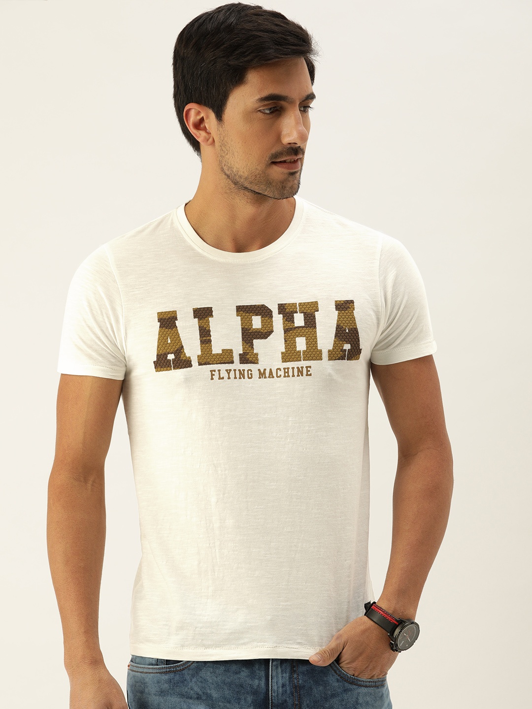 

Flying Machine Men Off-White Printed Round Neck Pure Cotton T-shirt