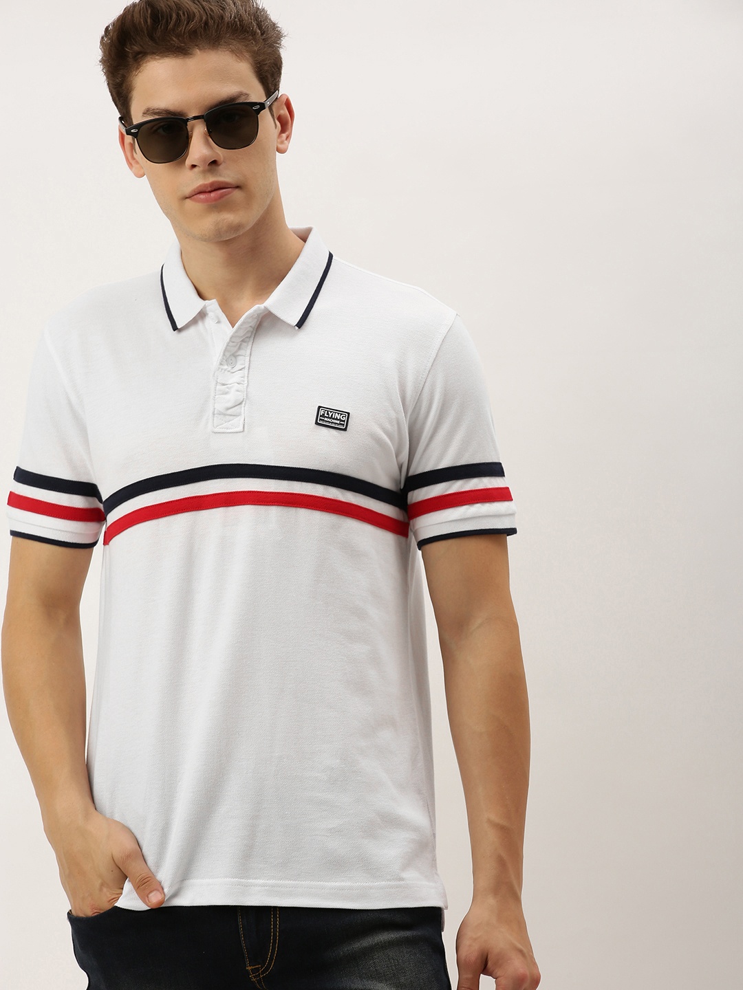 

Flying Machine Men White Red Striped Polo Collar Pure Cotton T-shirt