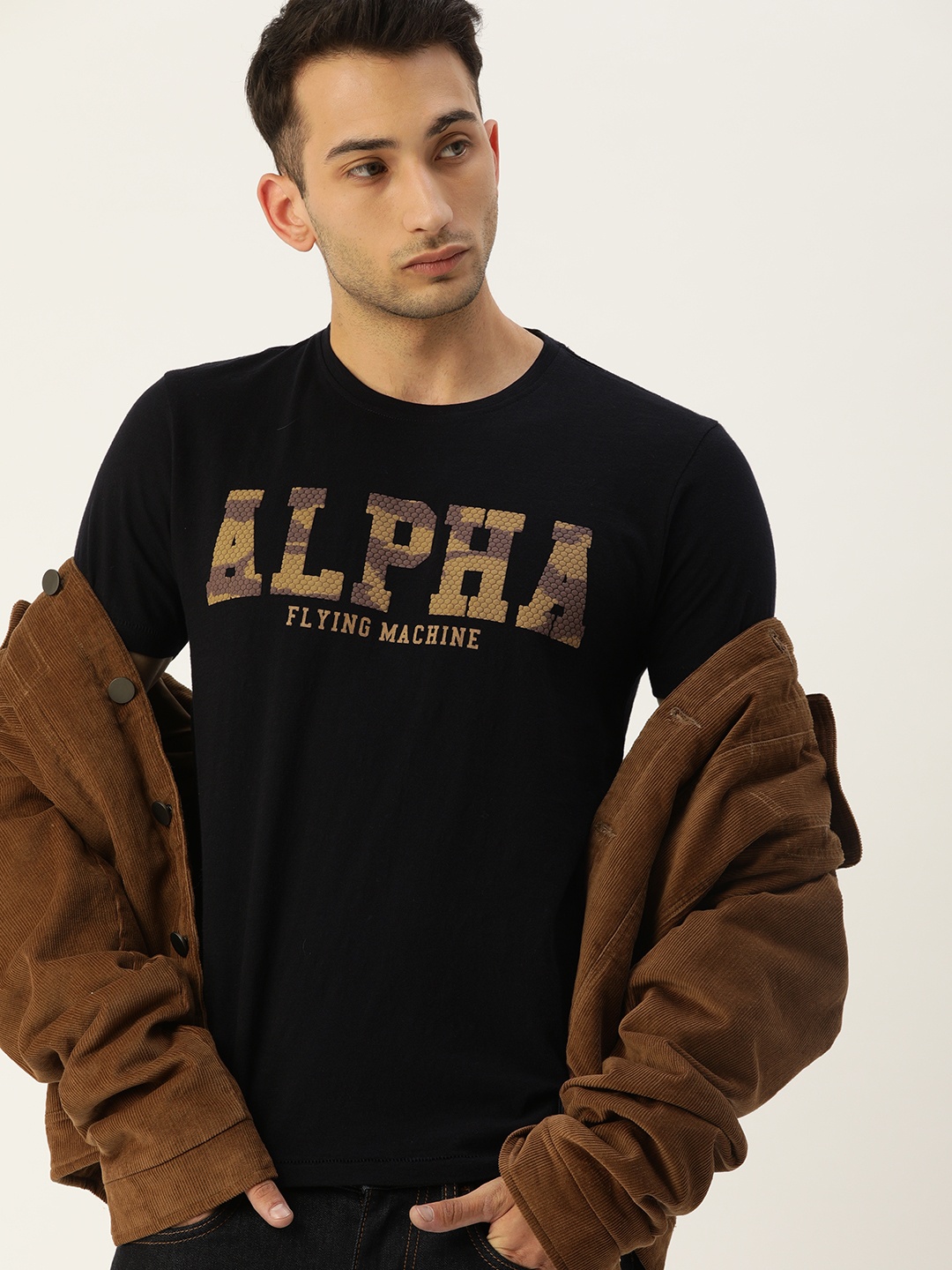 

Flying Machine Men Black Printed Round Neck Pure Cotton T-shirt