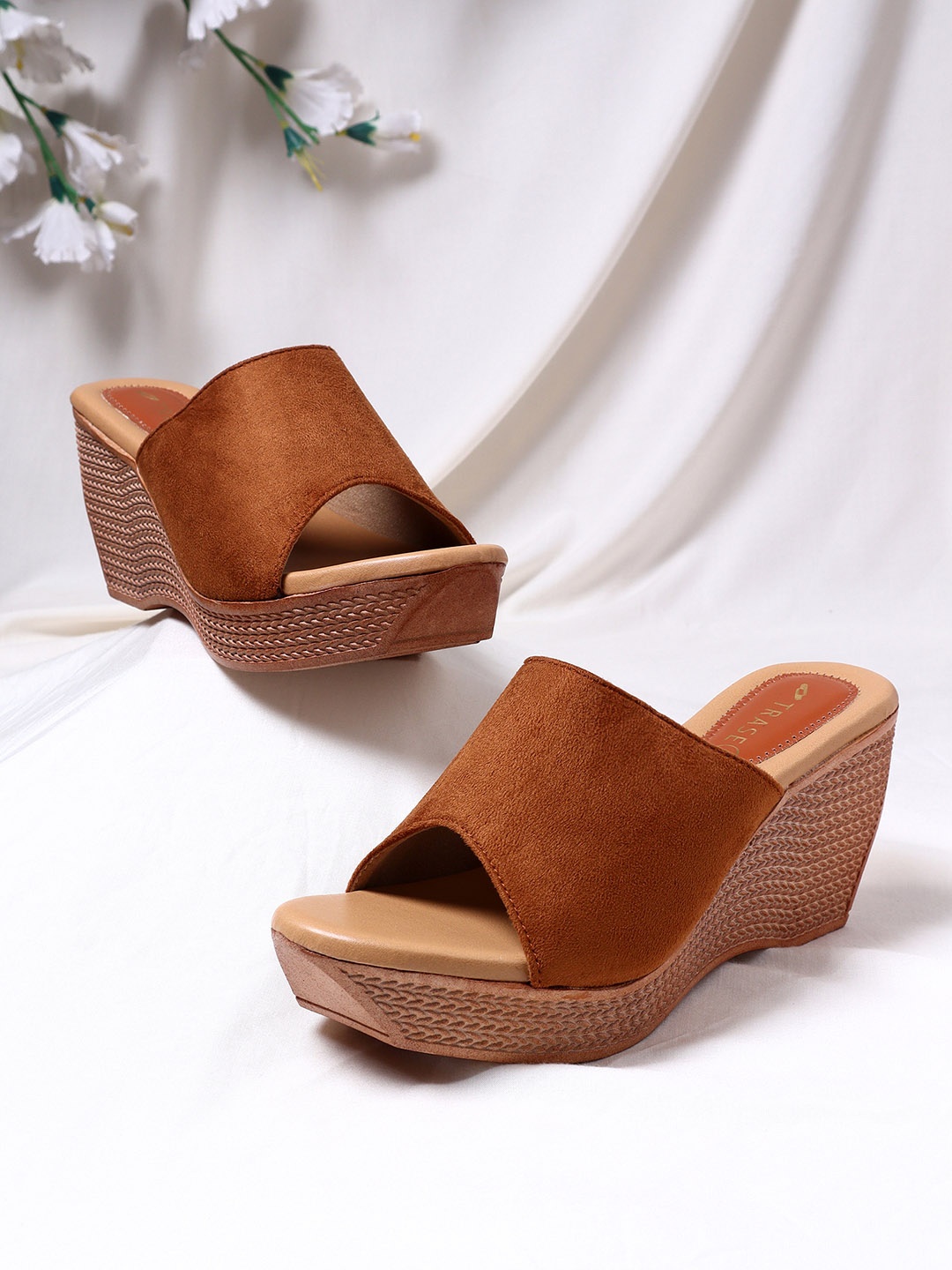 

TRASE Women Tan Brown Solid Suede Peep Toes