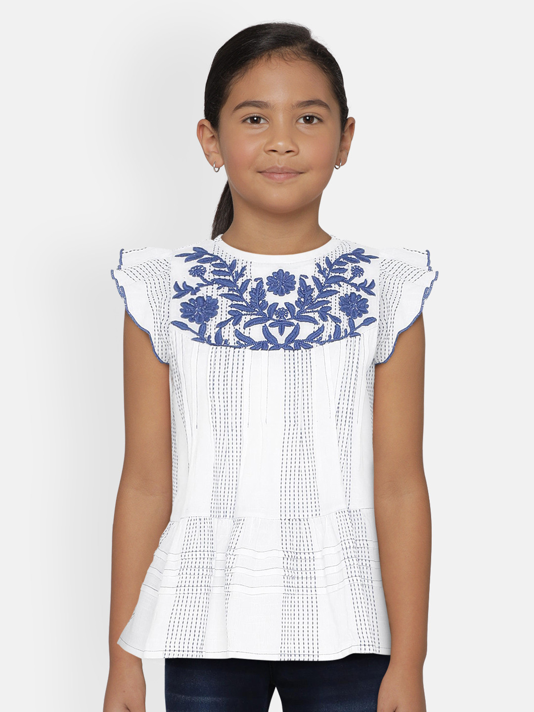 

Global Desi Girls White & Blue Embroidered A-Line Pure Cotton Top