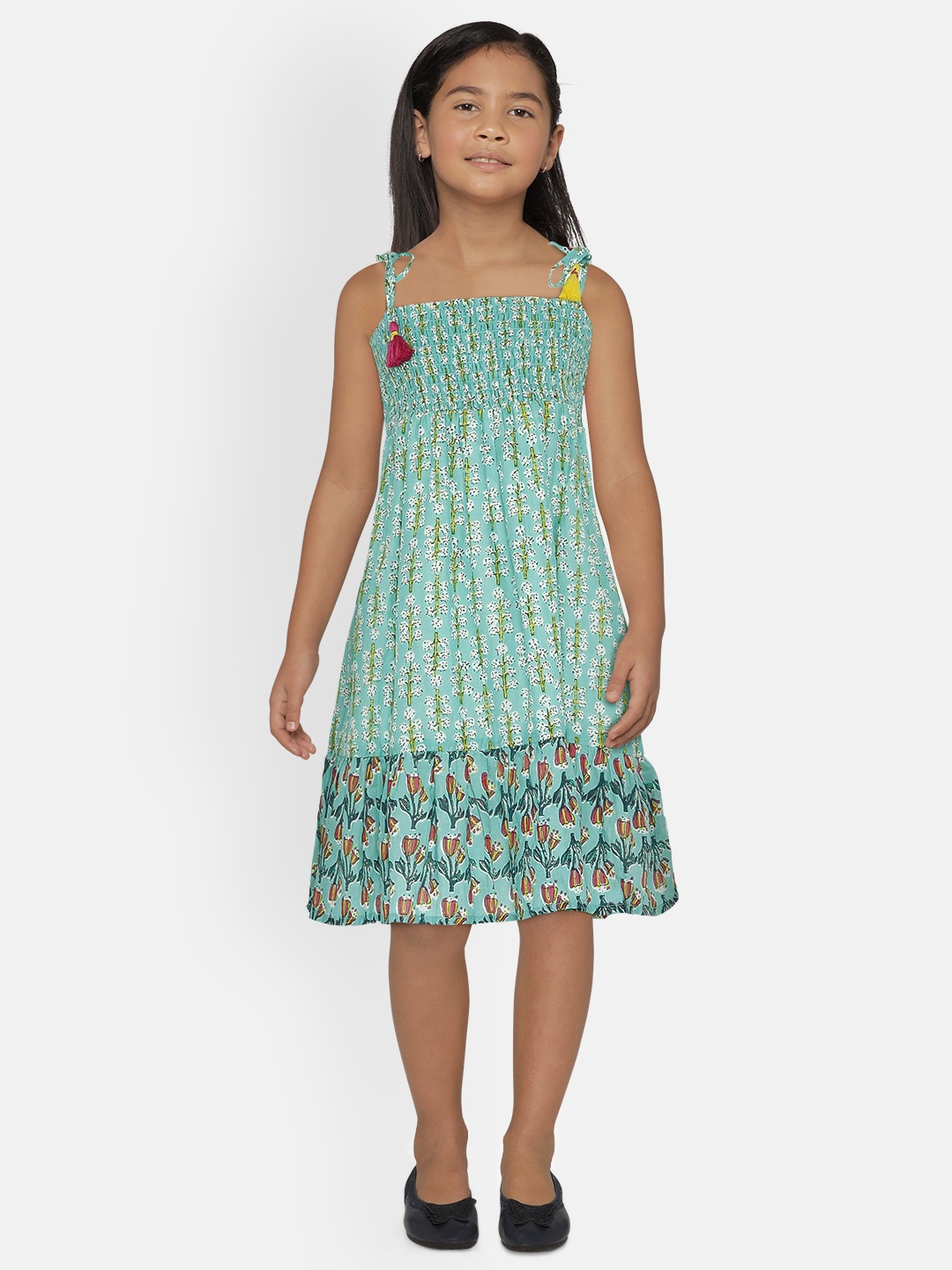 

Global Desi Girls Teal Blue Printed Empire Dress