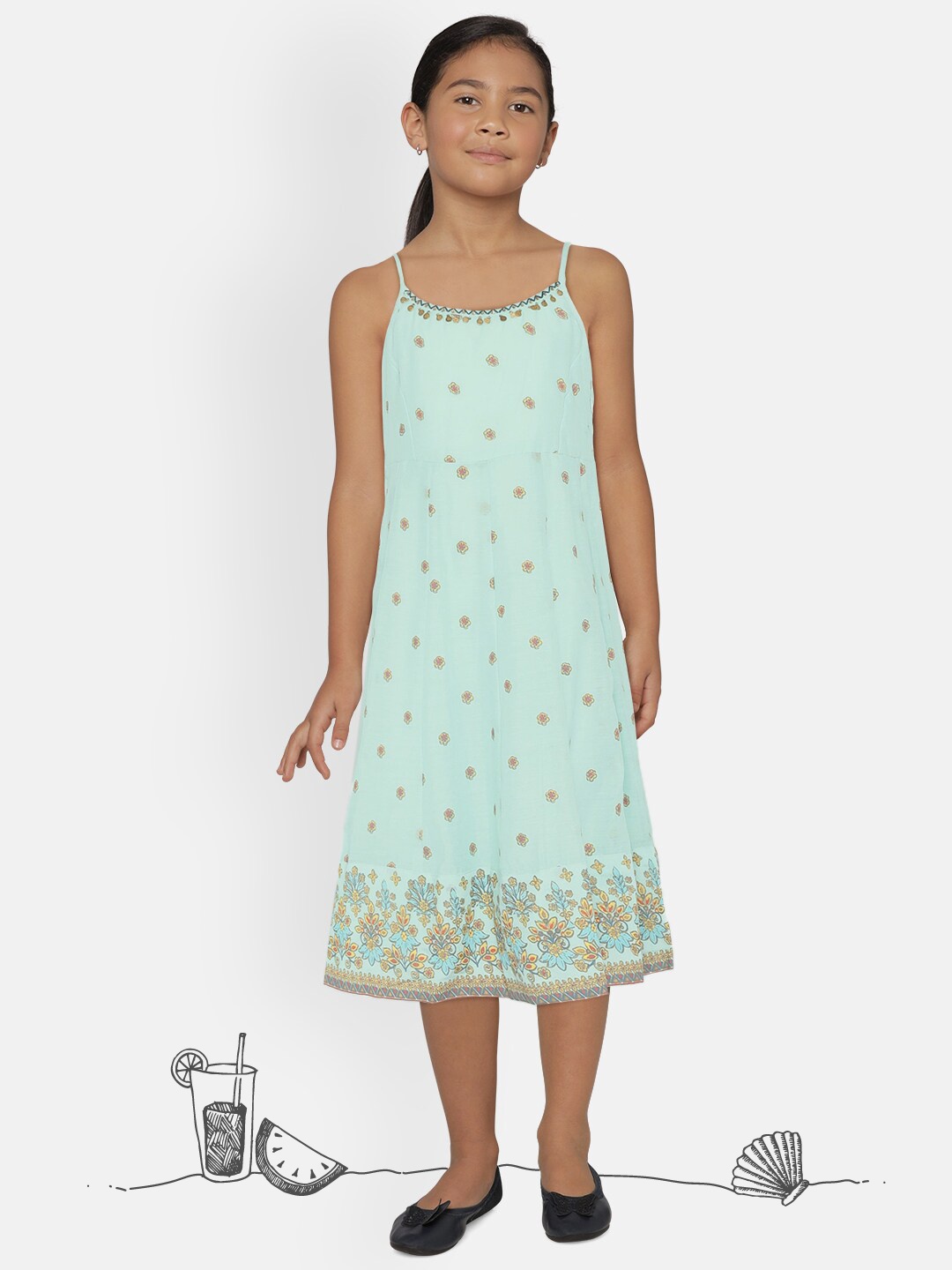 

Global Desi Girls Blue Printed Fit and Flare Dress