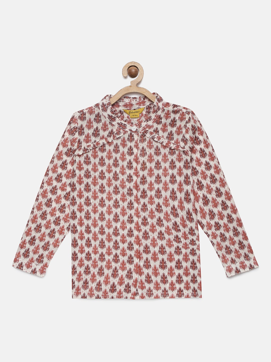 

Global Desi Girls Off-White & Red Printed Shirt Style Pure Cotton Top