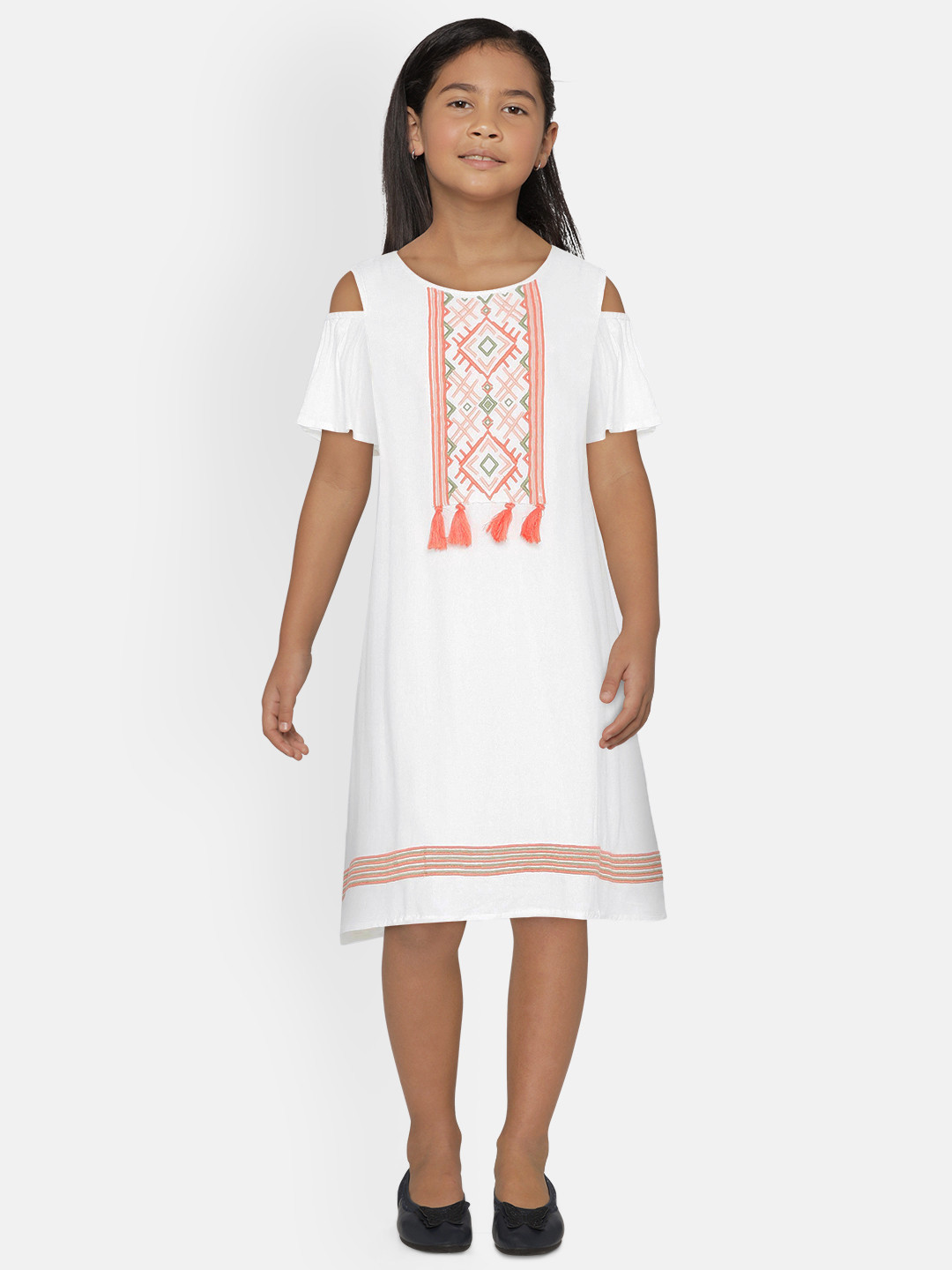 

Global Desi Girls White Embroidered A-Line Dress