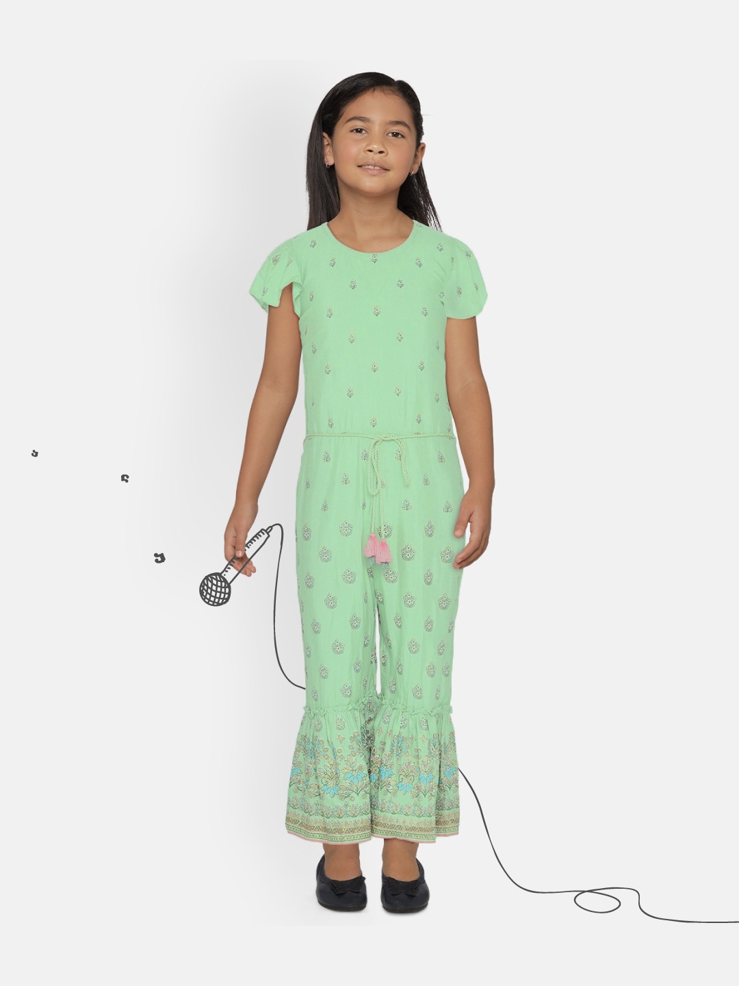 Global Desi Girls Green & Pink Printed Basic Jumpsuit
